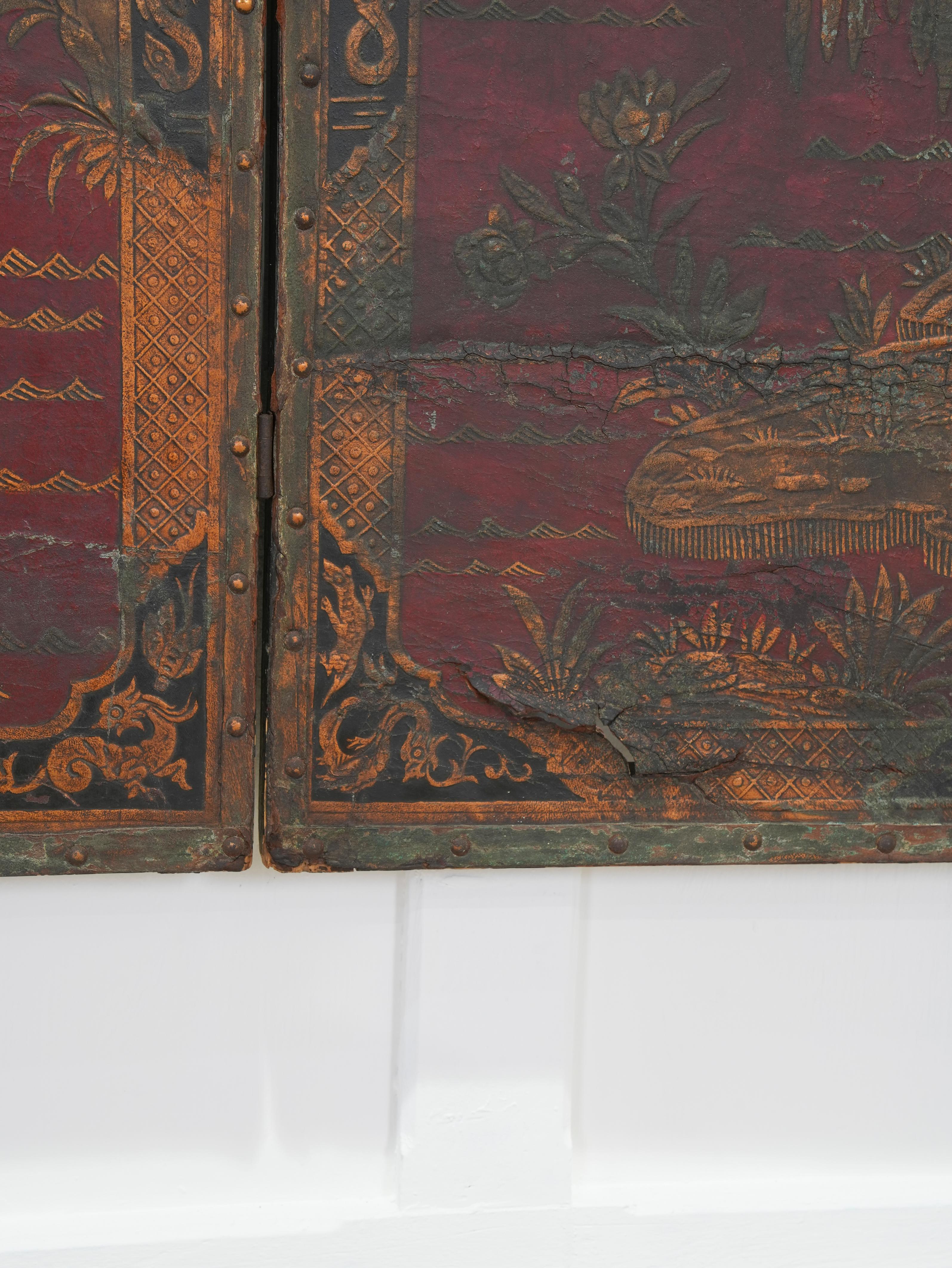 19th Century Leather Chinoiserie Room Screen 14
