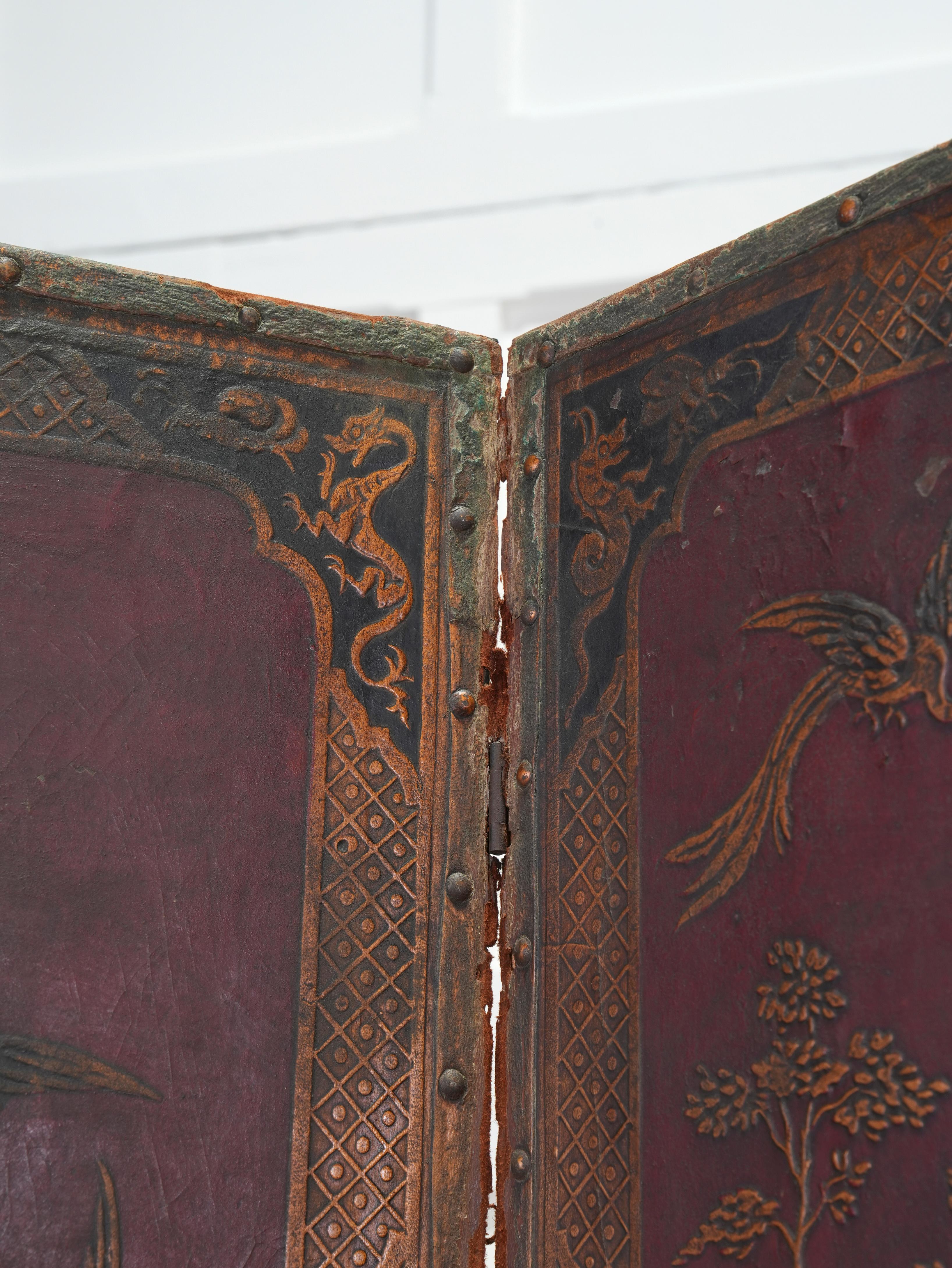 19th Century Leather Chinoiserie Room Screen 4