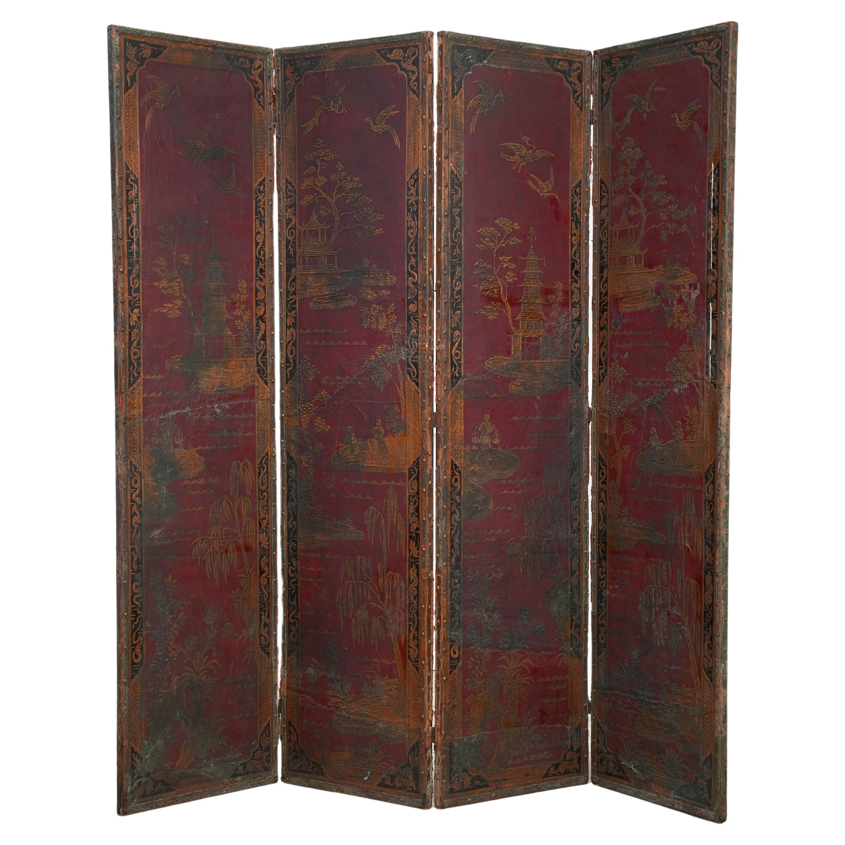 19th Century Leather Chinoiserie Room Screen
