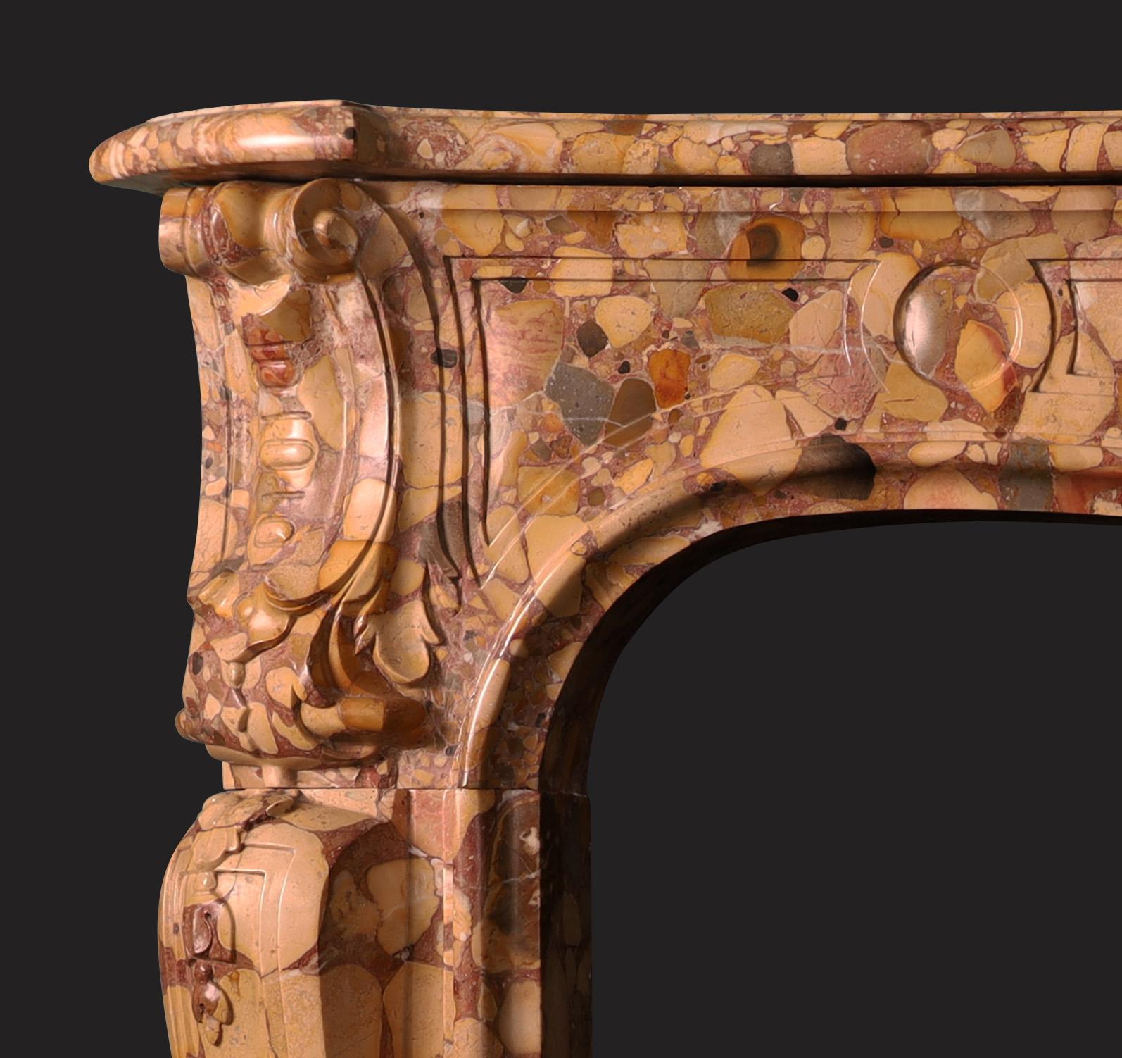 Carved A 19th Century Louis XV Style Fireplace Chimneypiece in Breche d'Alep Marble For Sale