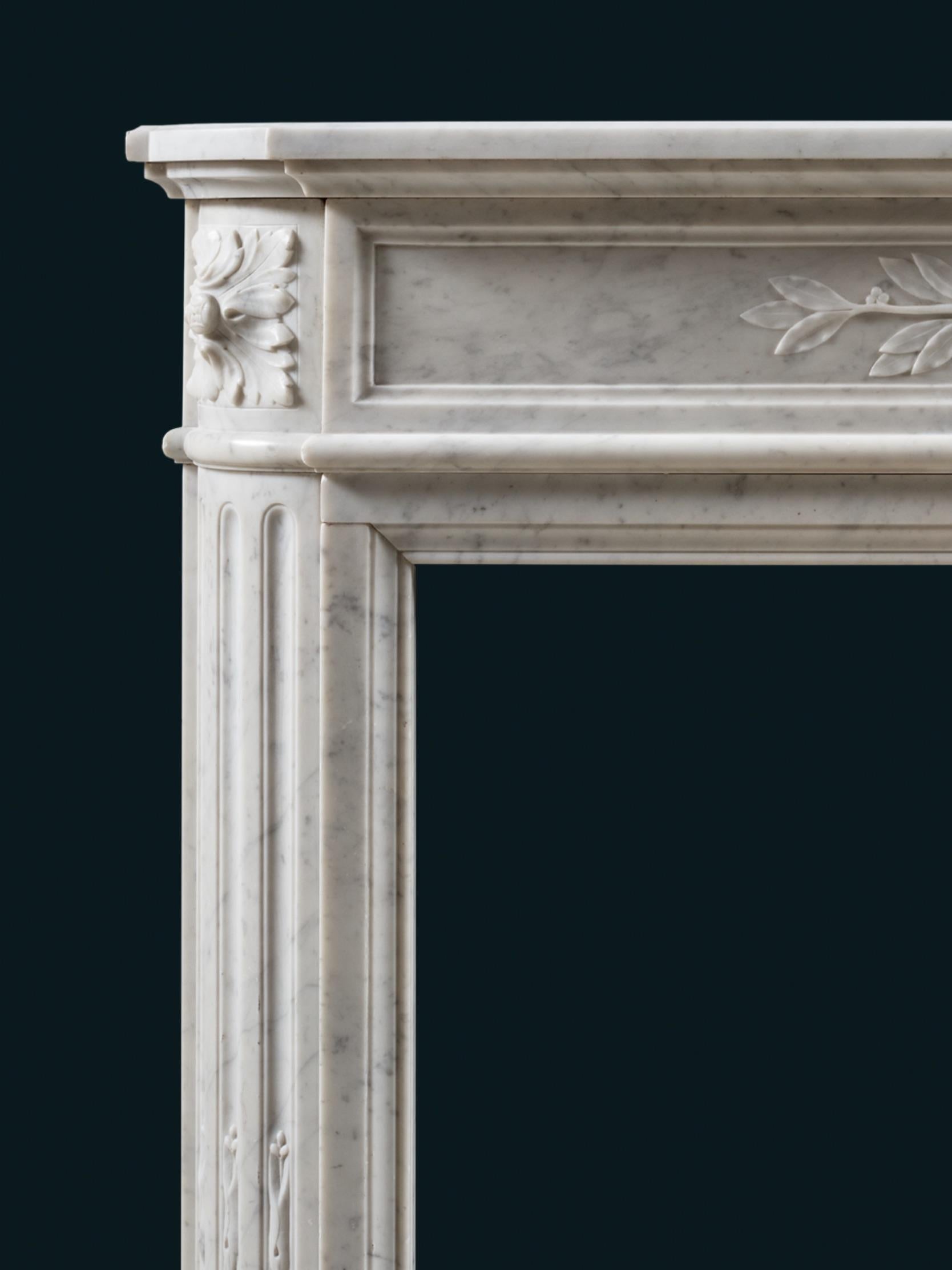 French A 19th Century Louis XVI Style Chimneypiece in Carrara Marble For Sale