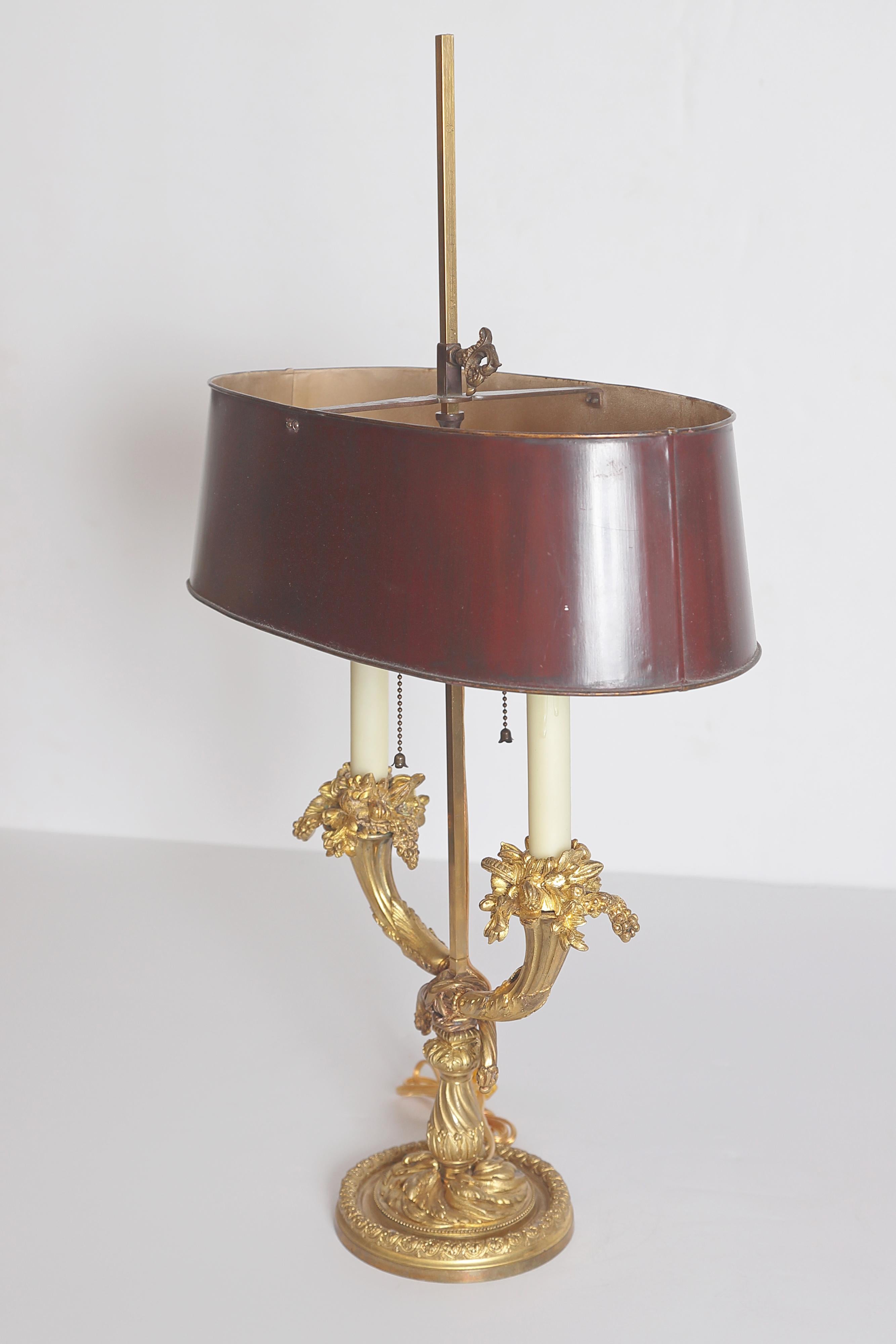 French 19th Century Louis XVI Style Ormolu Bouillotte Lamp with Red Tole Shade For Sale