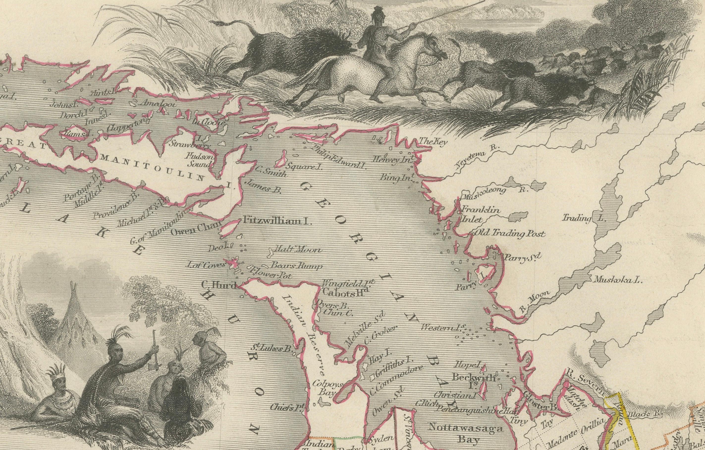Carte décorative du XIXe siècle de l'ouest du Canada avec les chutes du Niagara et des scènes indigènes  

Cette carte détaillée de l'Ouest canadien, dessinée et gravée par J. Rapkin et publiée par J & F Tallis au XIXe siècle, présente des bordures