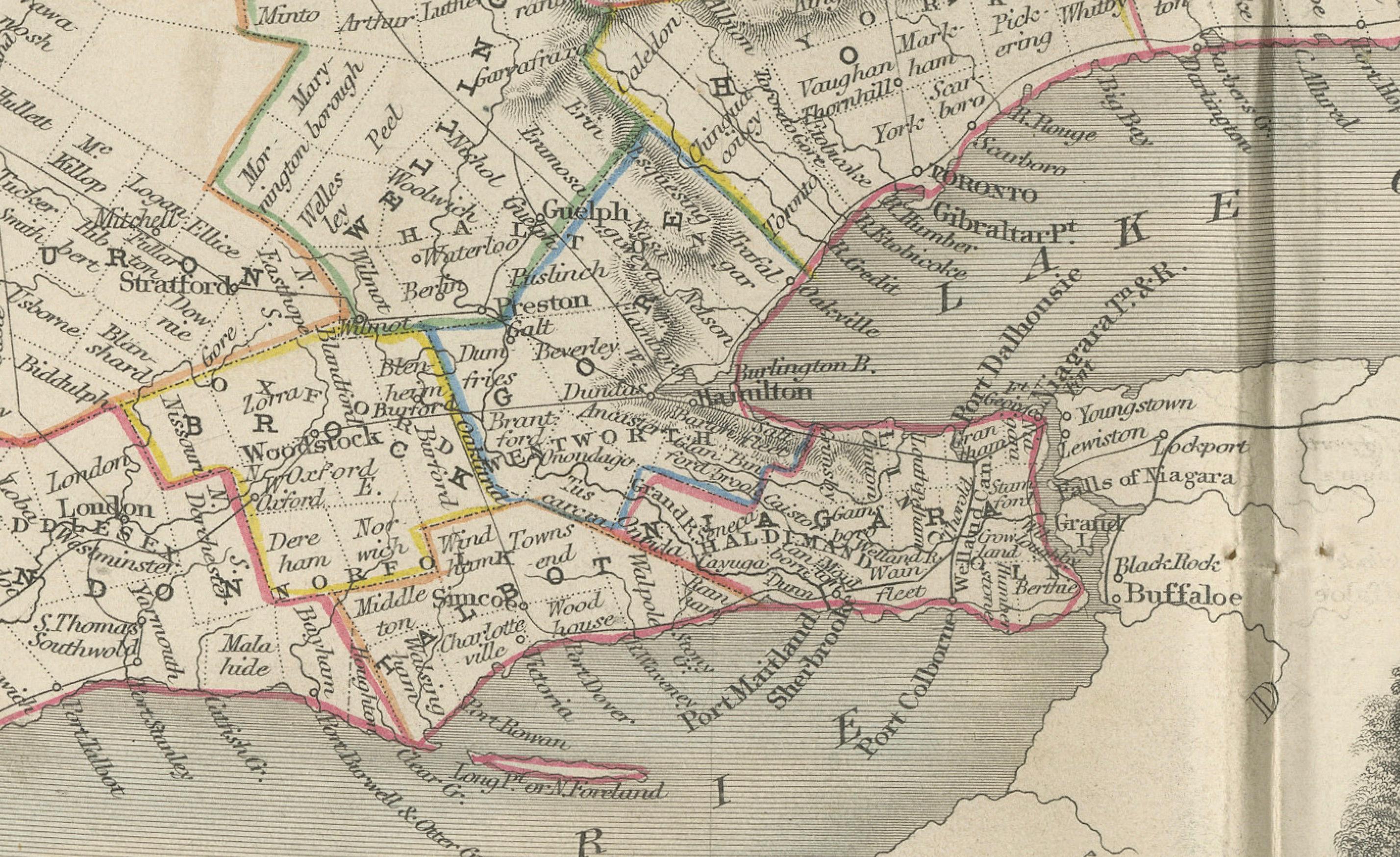 Papier Carte de l'Ouest canadien du XIXe siècle avec les chutes du Niagara et des scènes indigènes en vente