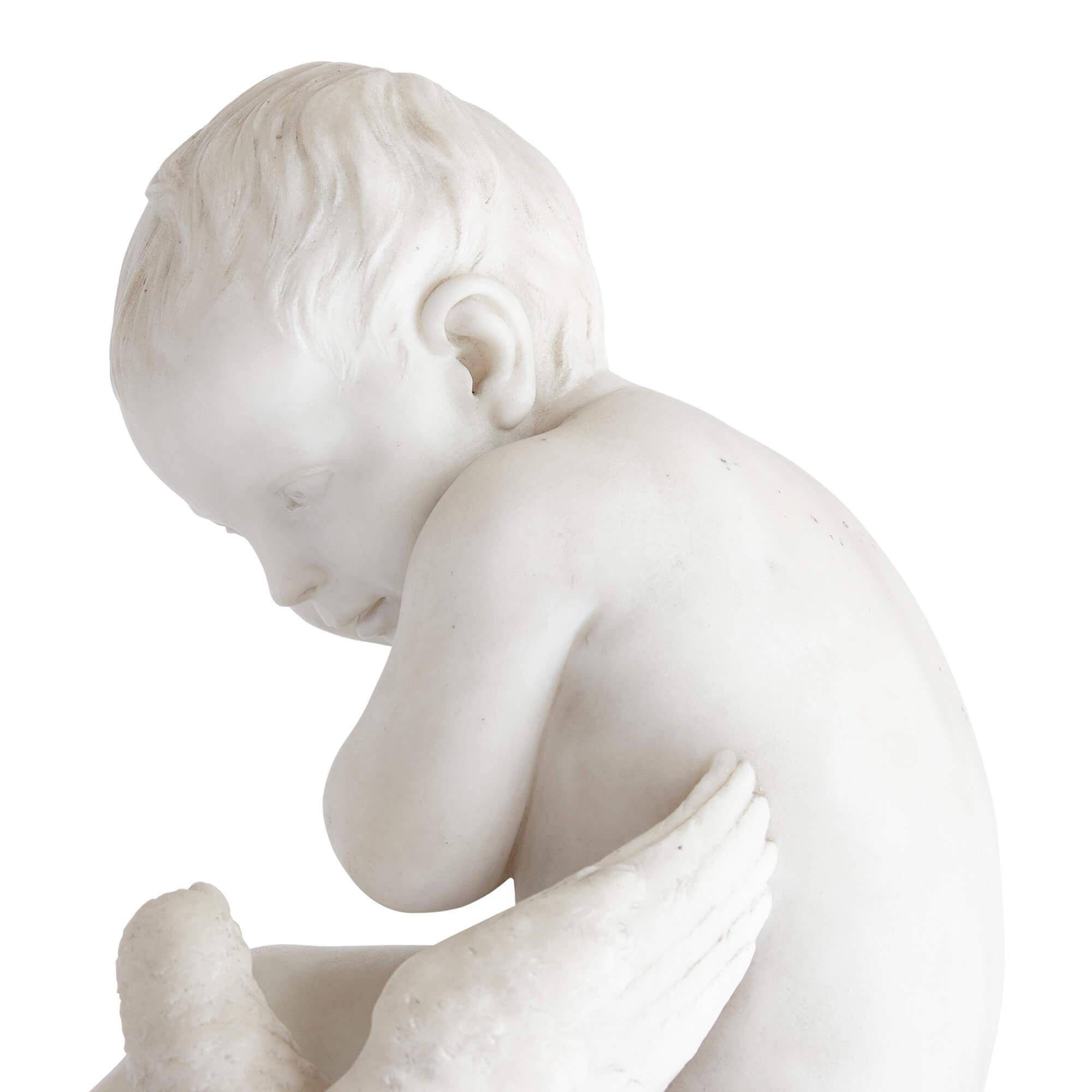 Neoclassical 19th Century Marble Sculpture of a Putto and Bird, Signed 'Pigal' For Sale