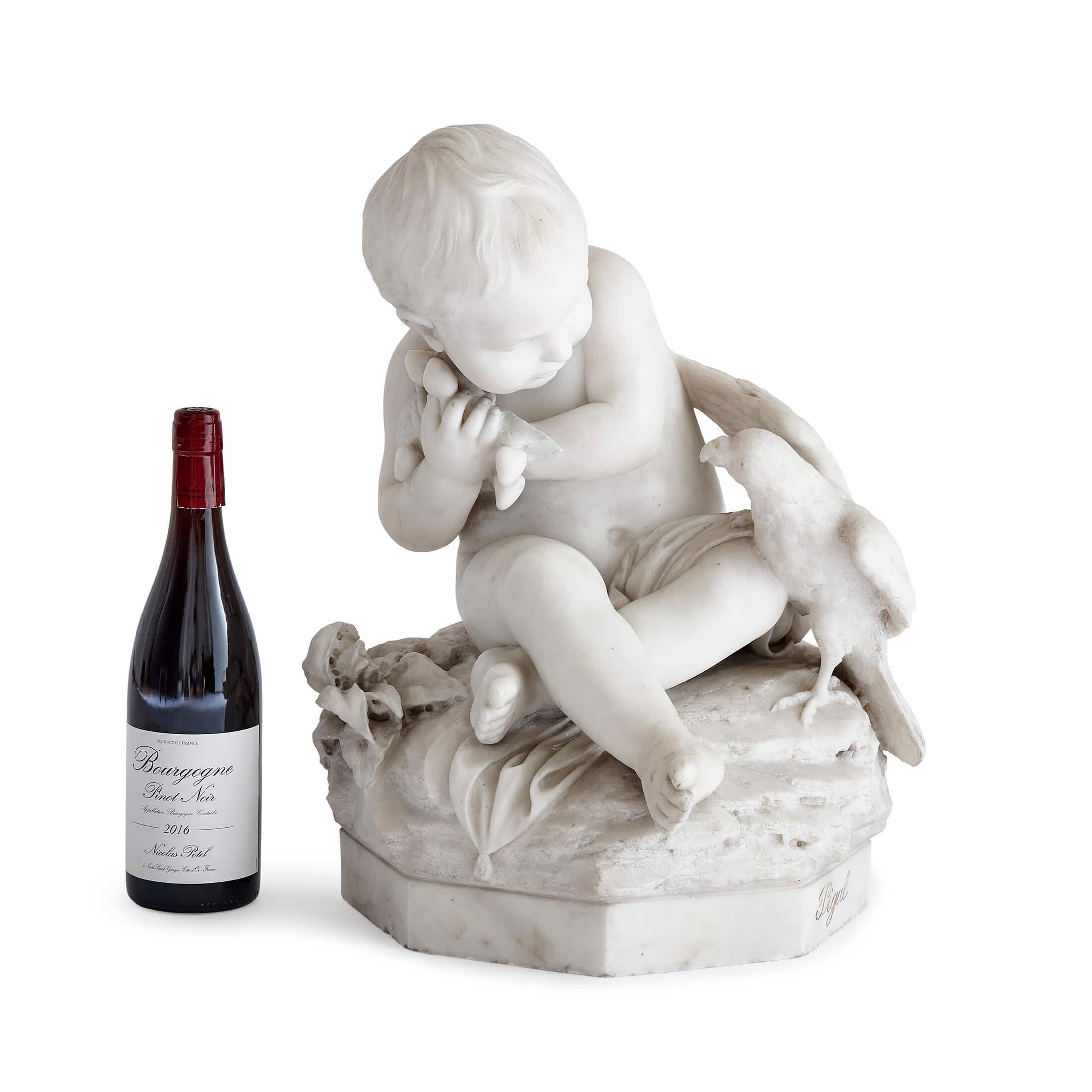 19th Century Marble Sculpture of a Putto and Bird, Signed 'Pigal' For Sale 3