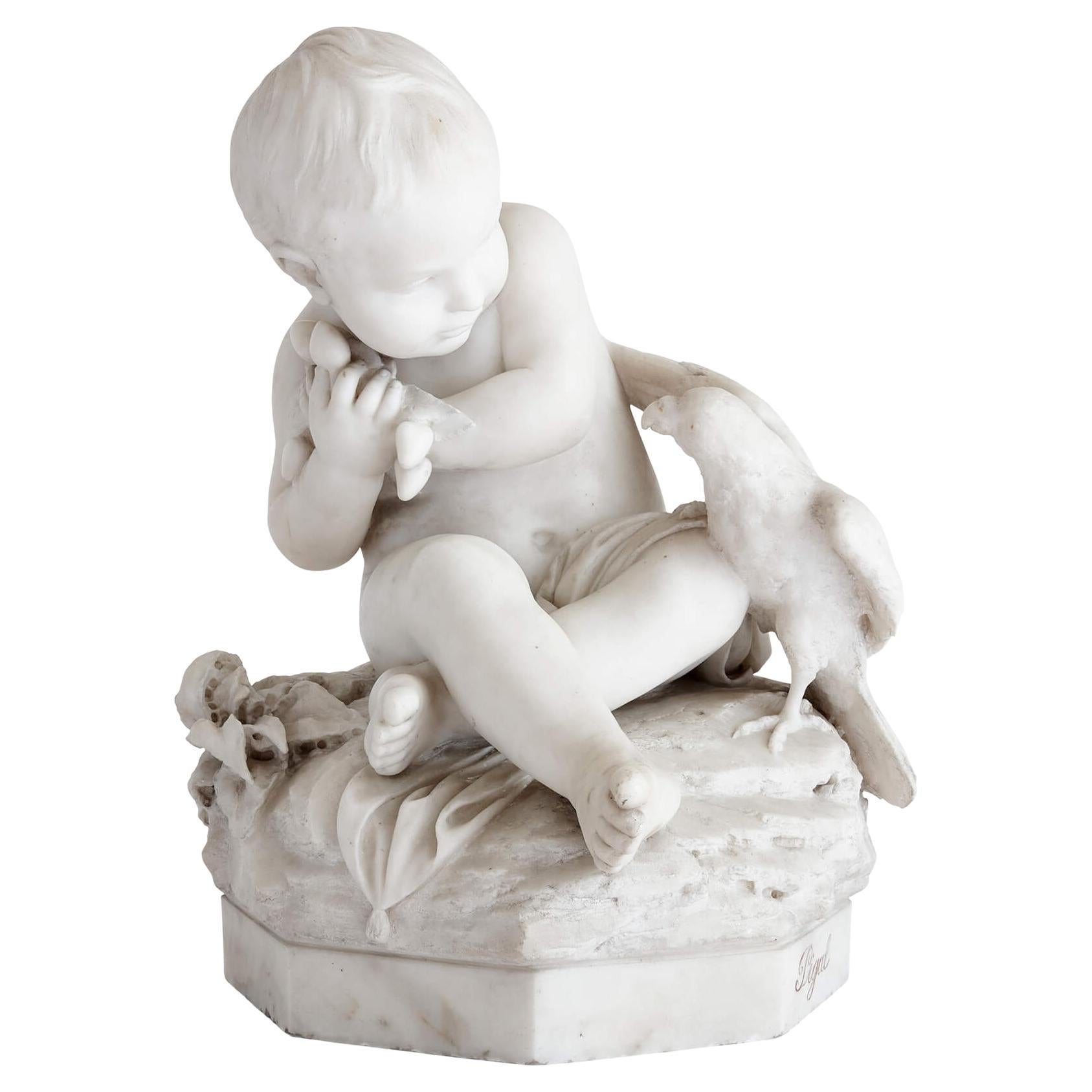 19th Century Marble Sculpture of a Putto and Bird, Signed 'Pigal'