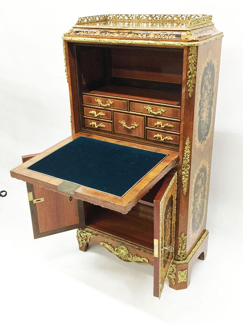 A 19th century marquetry children's bureau secretary

A marquetry children's bureau secretary. 
A miniature secretaire inlaid with fine woods.
Medallions with flowers and with gilt bronze ornaments. 
The secretary's lid is covered with blue