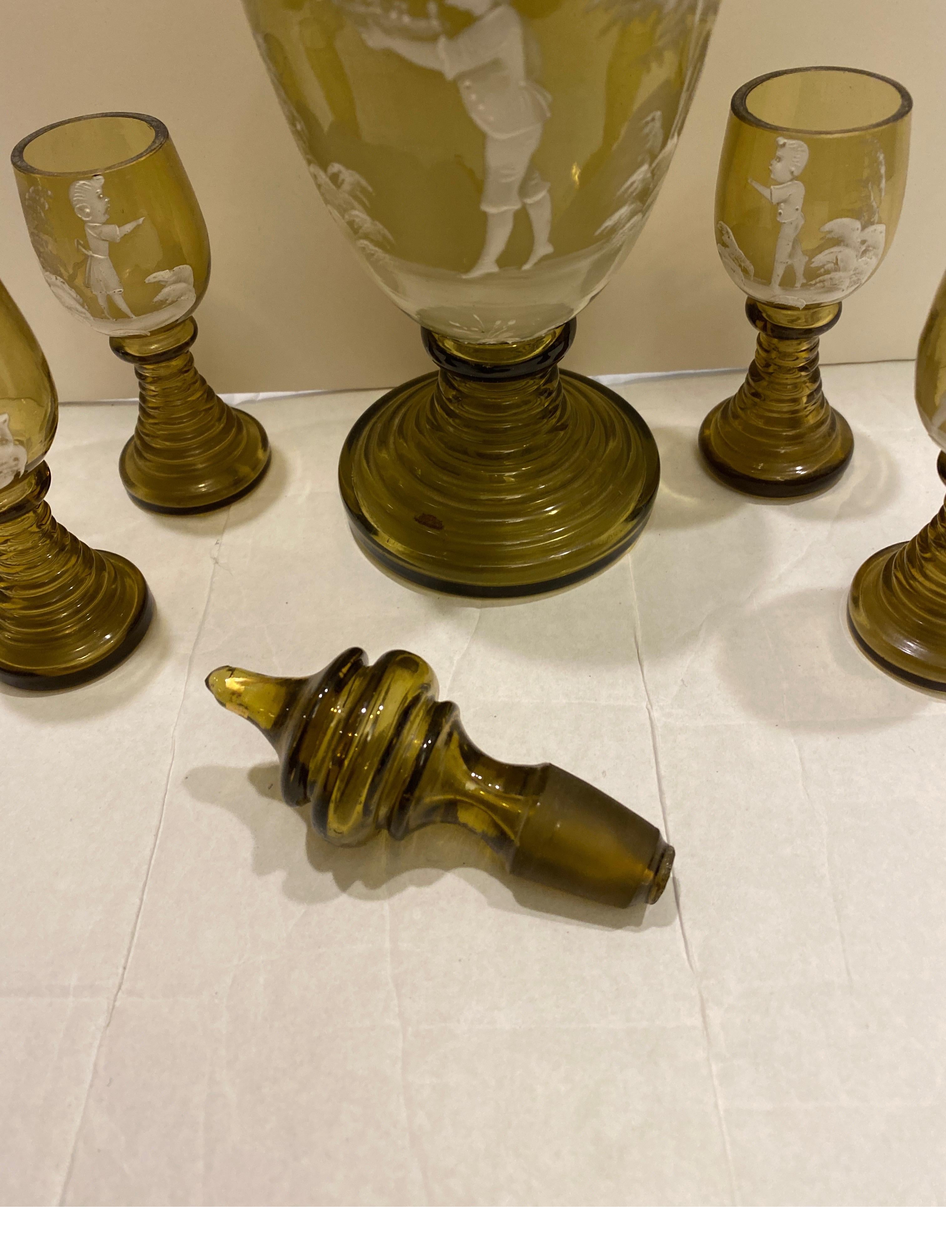 19th Century Mary Gregory Glass Decanter with Glasses In Good Condition For Sale In Lambertville, NJ