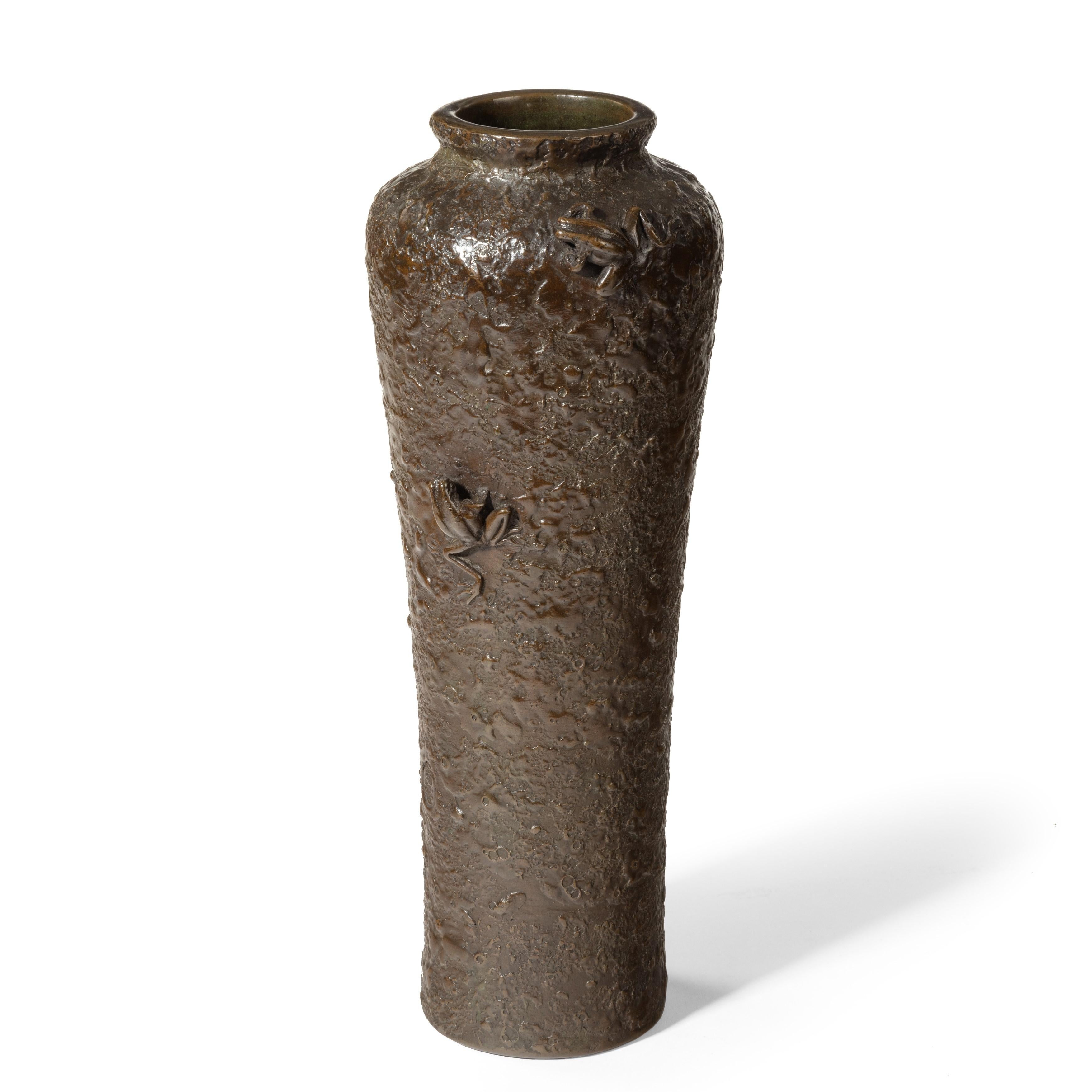 A Meiji period bronze vase with two frogs against a rough textured ground, signed ‘Hyakusei’, Japanese, circa 1880.
   