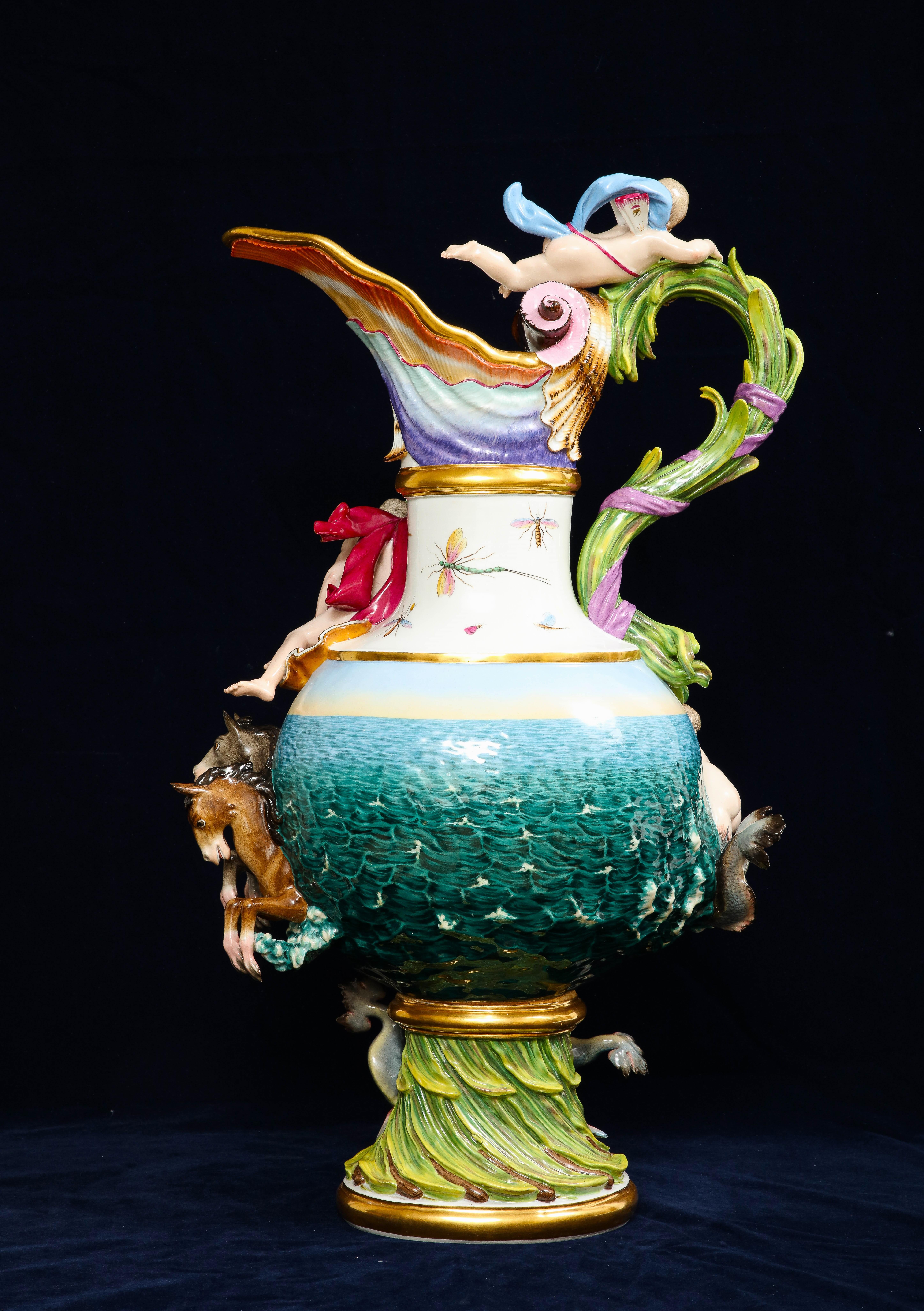 Hand-Painted 19th Century Meissen Porcelain 'Elements' Ewer Emblematic of Water For Sale