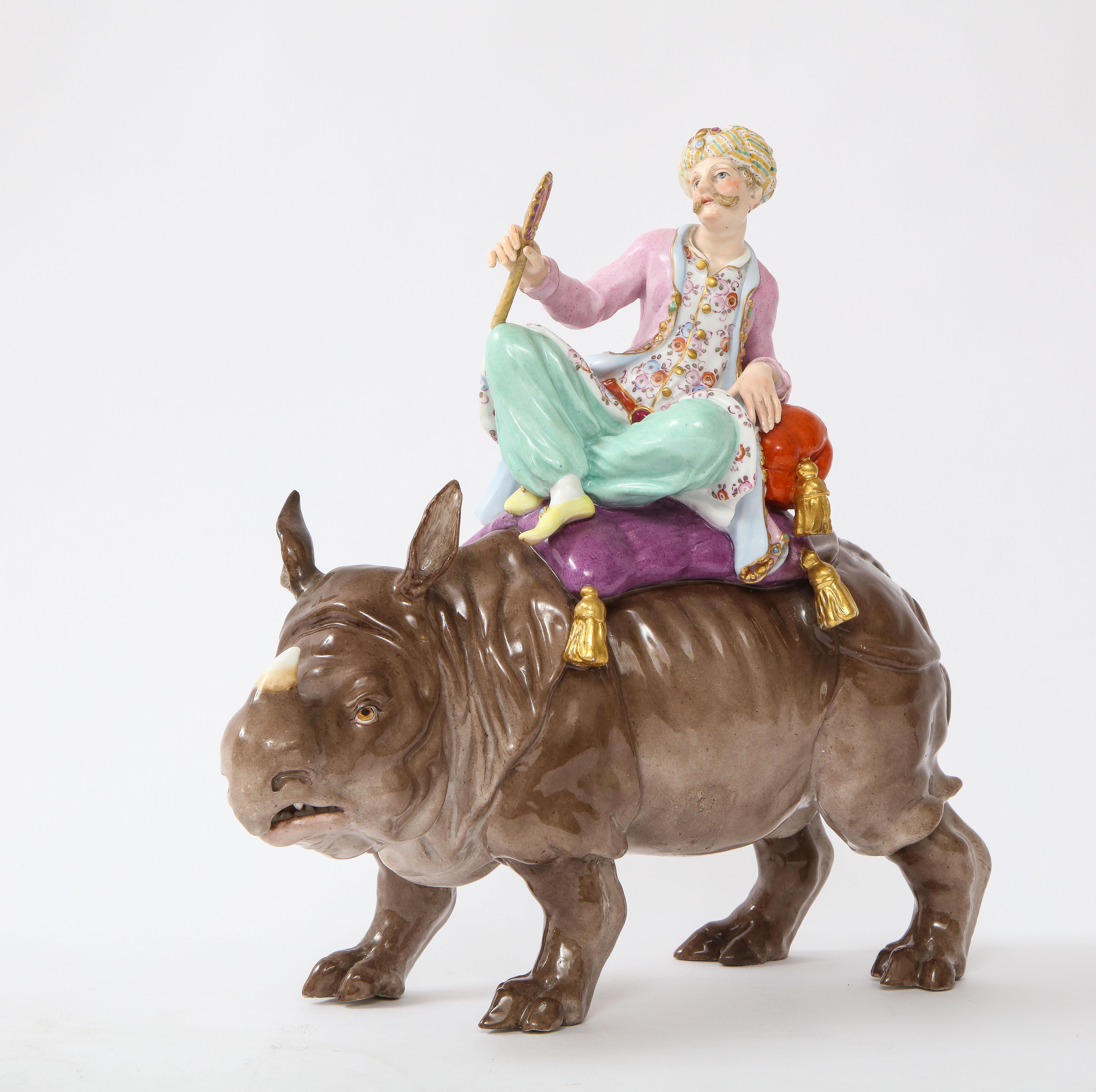 Chinoiserie 19th Century Meissen Porcelain Figure of a Malabar Man on a Rhinoceros For Sale