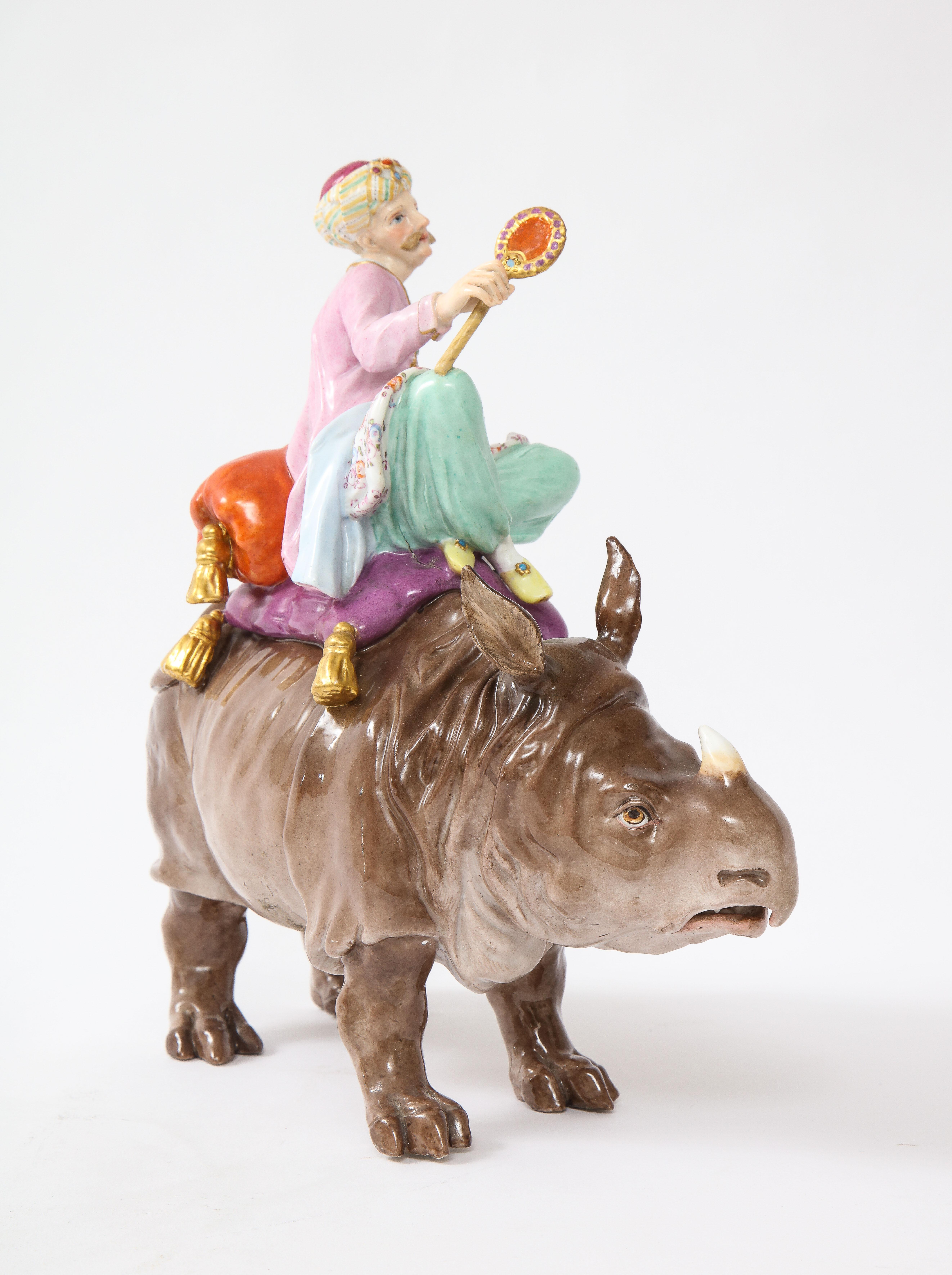 Gilt 19th Century Meissen Porcelain Figure of a Malabar Man on a Rhinoceros For Sale