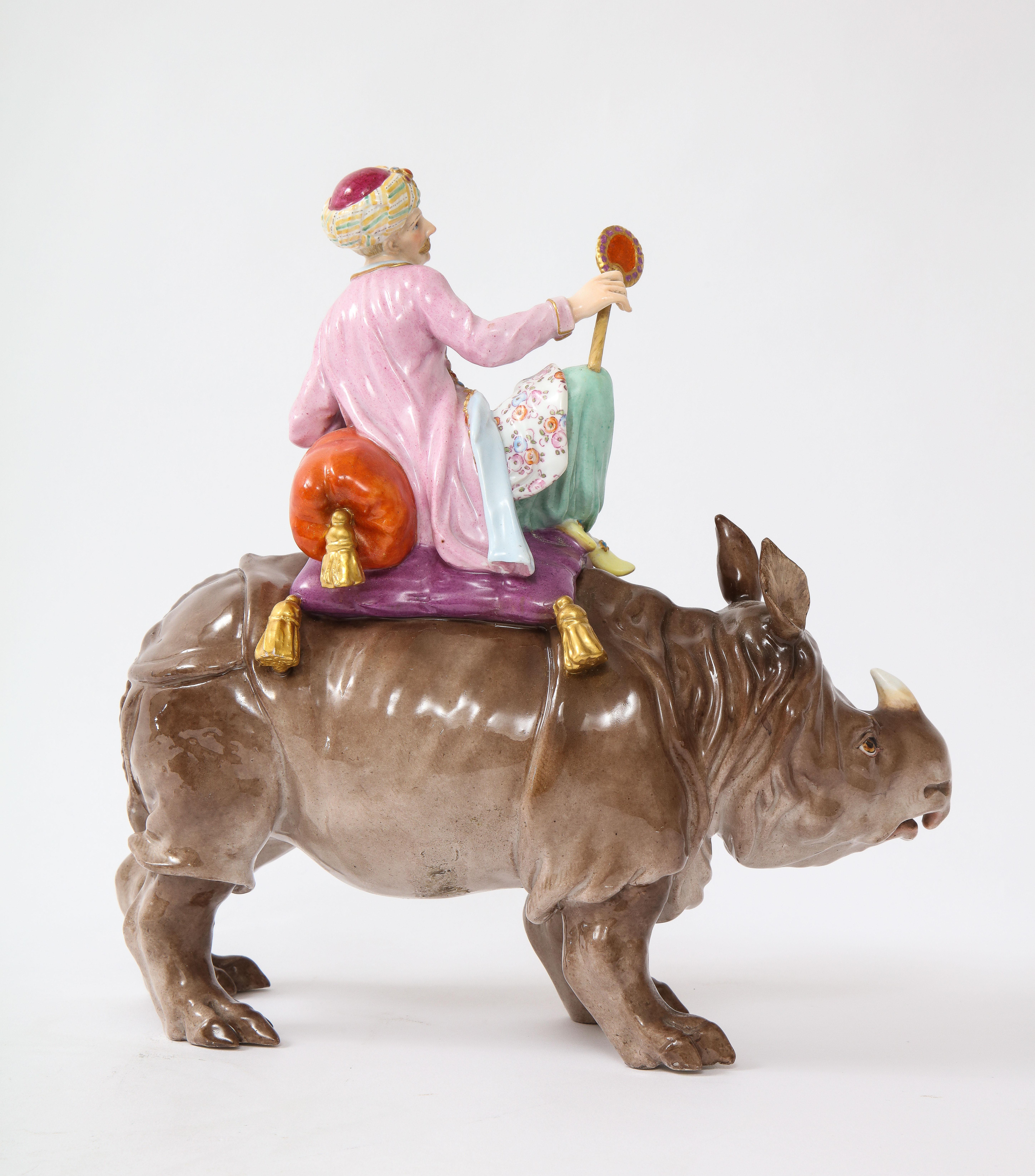 19th Century Meissen Porcelain Figure of a Malabar Man on a Rhinoceros In Good Condition For Sale In New York, NY