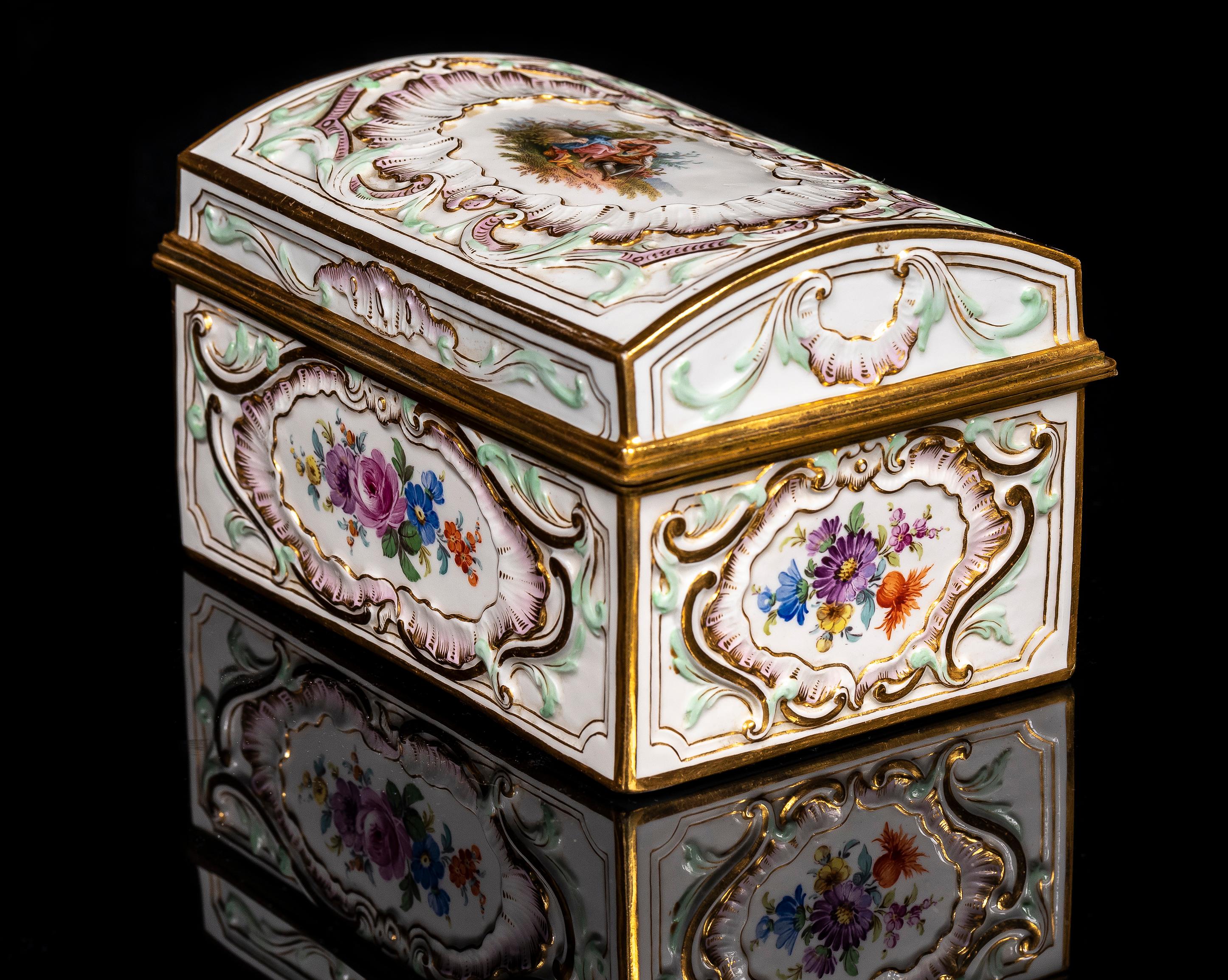 A 19th Century Meissen Porcelain Ormolu Mounted Hinged Box with Watteau Scene Cartouche and the Interior Decorated with Floral Designs.
The box features an ormolu-mounted structure with elaborate Rococo-style ornamentation. The exterior is decorated