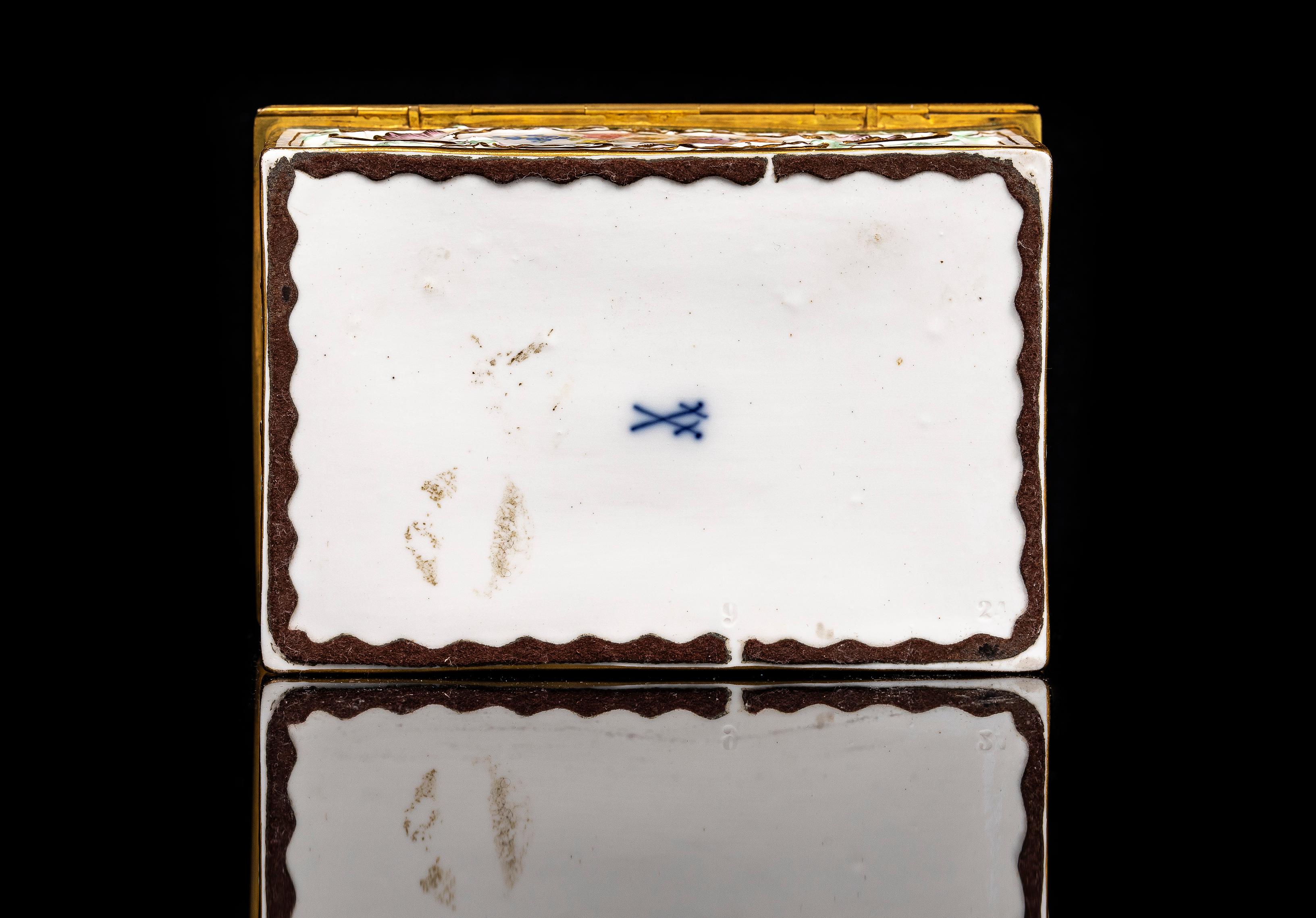 Bronze A 19th Century Meissen Porcelain Ormolu Mounted Hinged Box with Watteau Scene For Sale