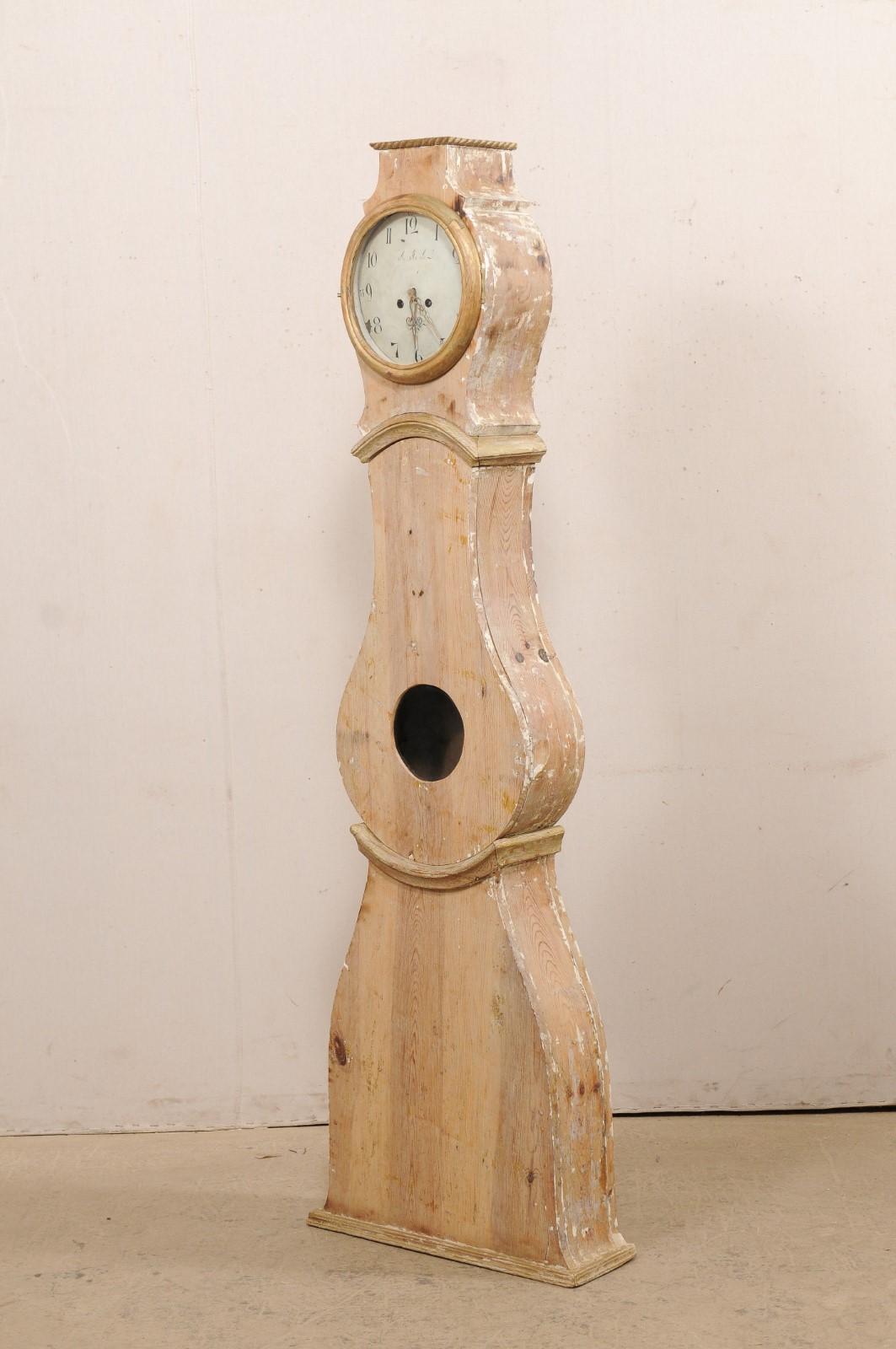 Swedish 19th Century Mora Floor Clock from Sweden, Scraped Finish w/Subtle Gold Accent For Sale