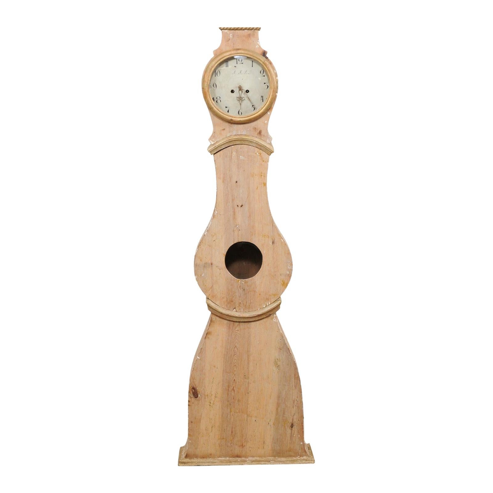 19th Century Mora Floor Clock from Sweden, Scraped Finish w/Subtle Gold Accent For Sale