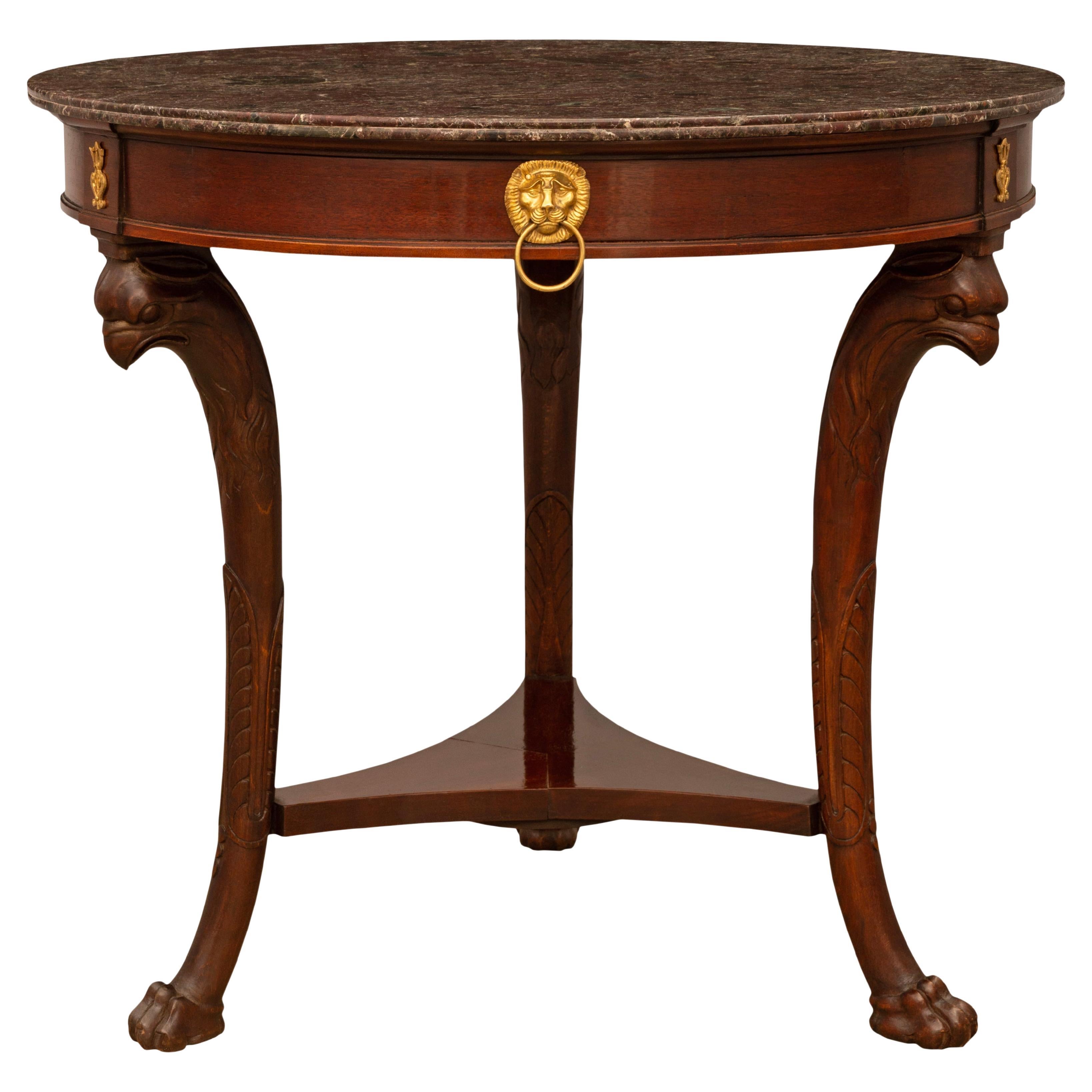 Table d'appoint néo-classique du 19e siècle en acajou, ormeau et marbre Levanto Rouge