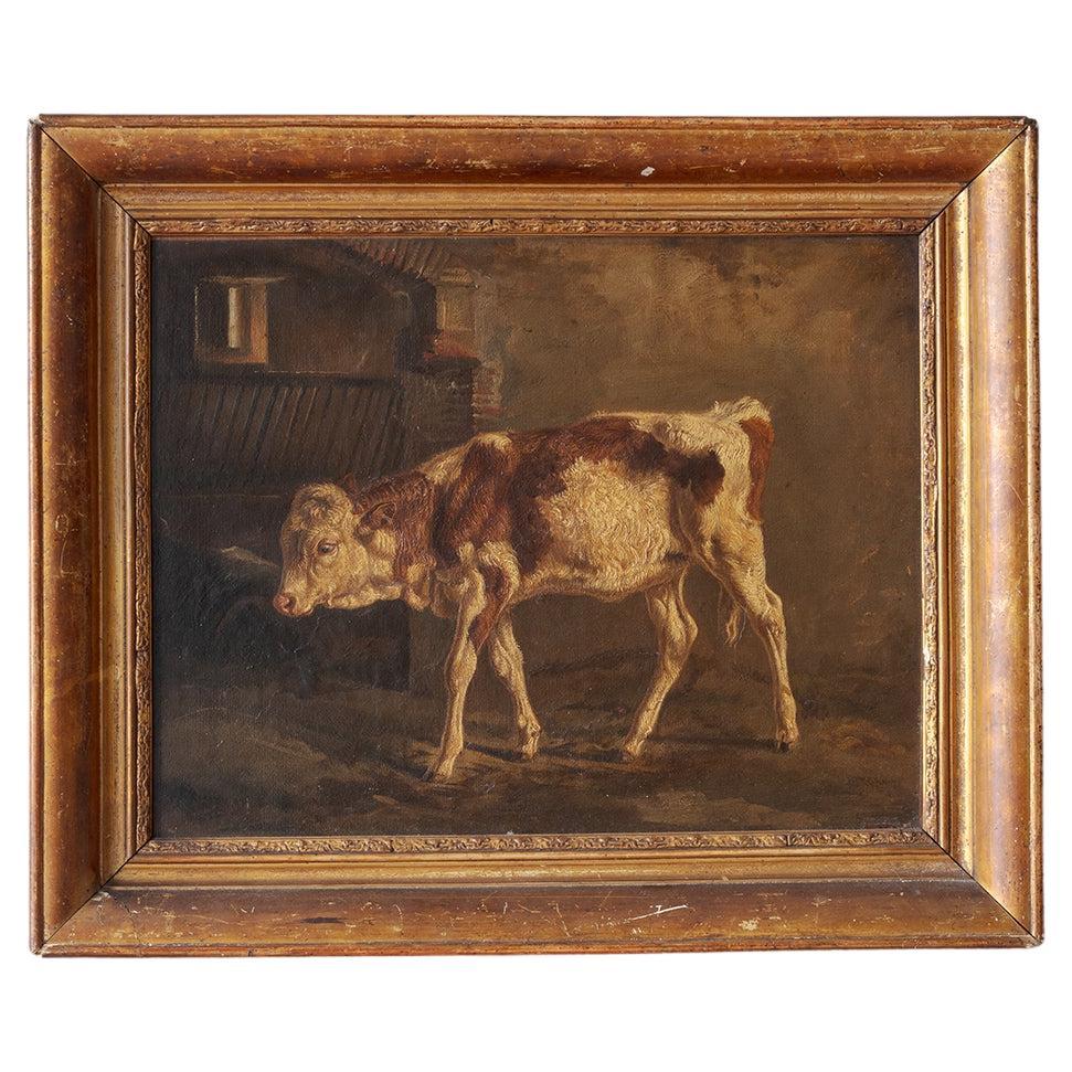 A 19th Century Oil on Paper on Wooden Panel, Painting of a Calf in a Barn