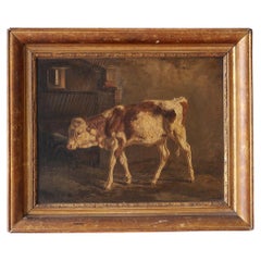 A 19th Century Oil on Paper on Wooden Panel, Painting of a Calf in a Barn
