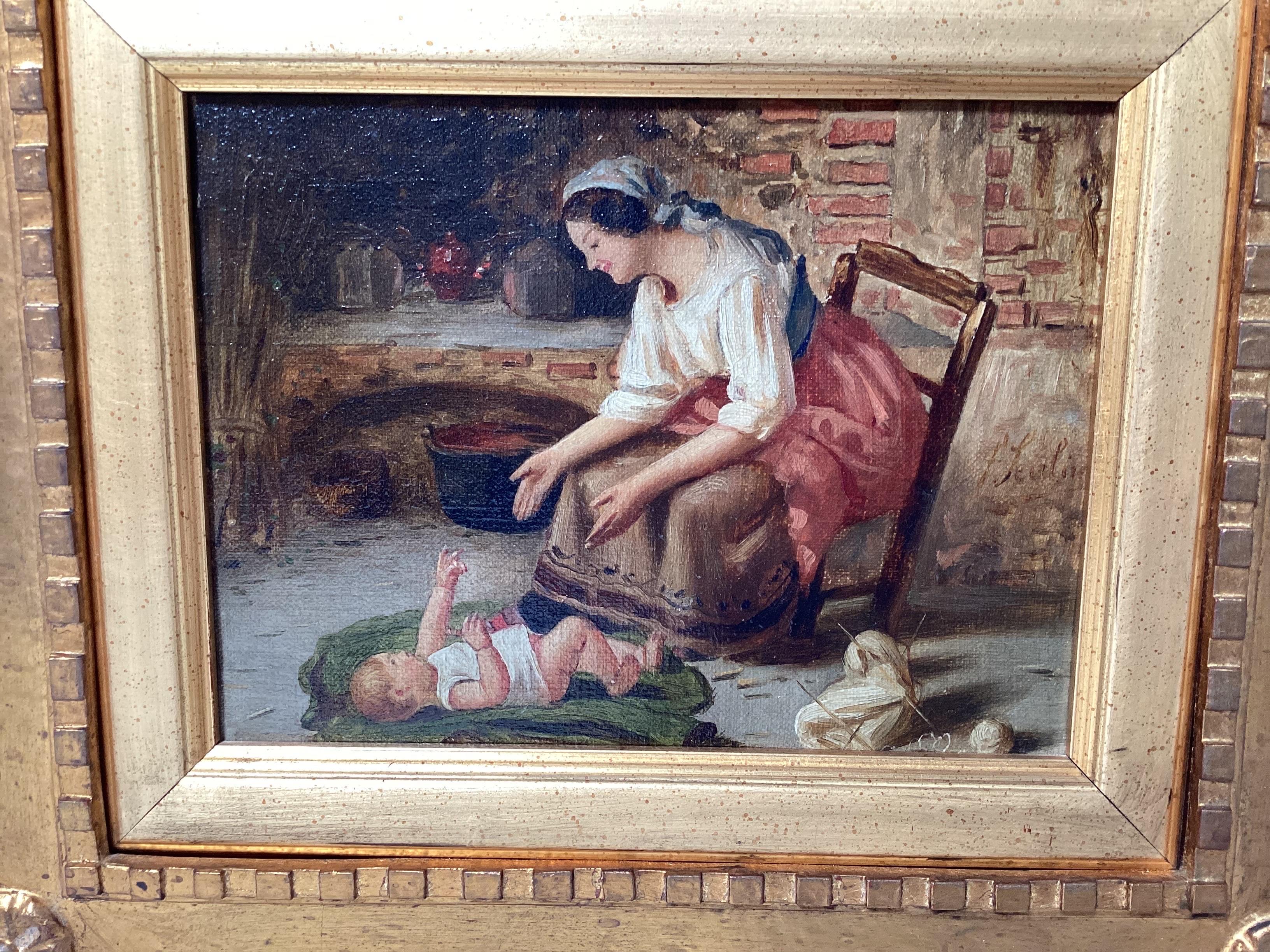 A mid-late 19th century Continental oil painting of an interior scene with mother and child. The beautiful painting win an elaborate early gilt wood frame. The canvas measures 6 high, 8 wide, framed measures 13 high, 15 wide.