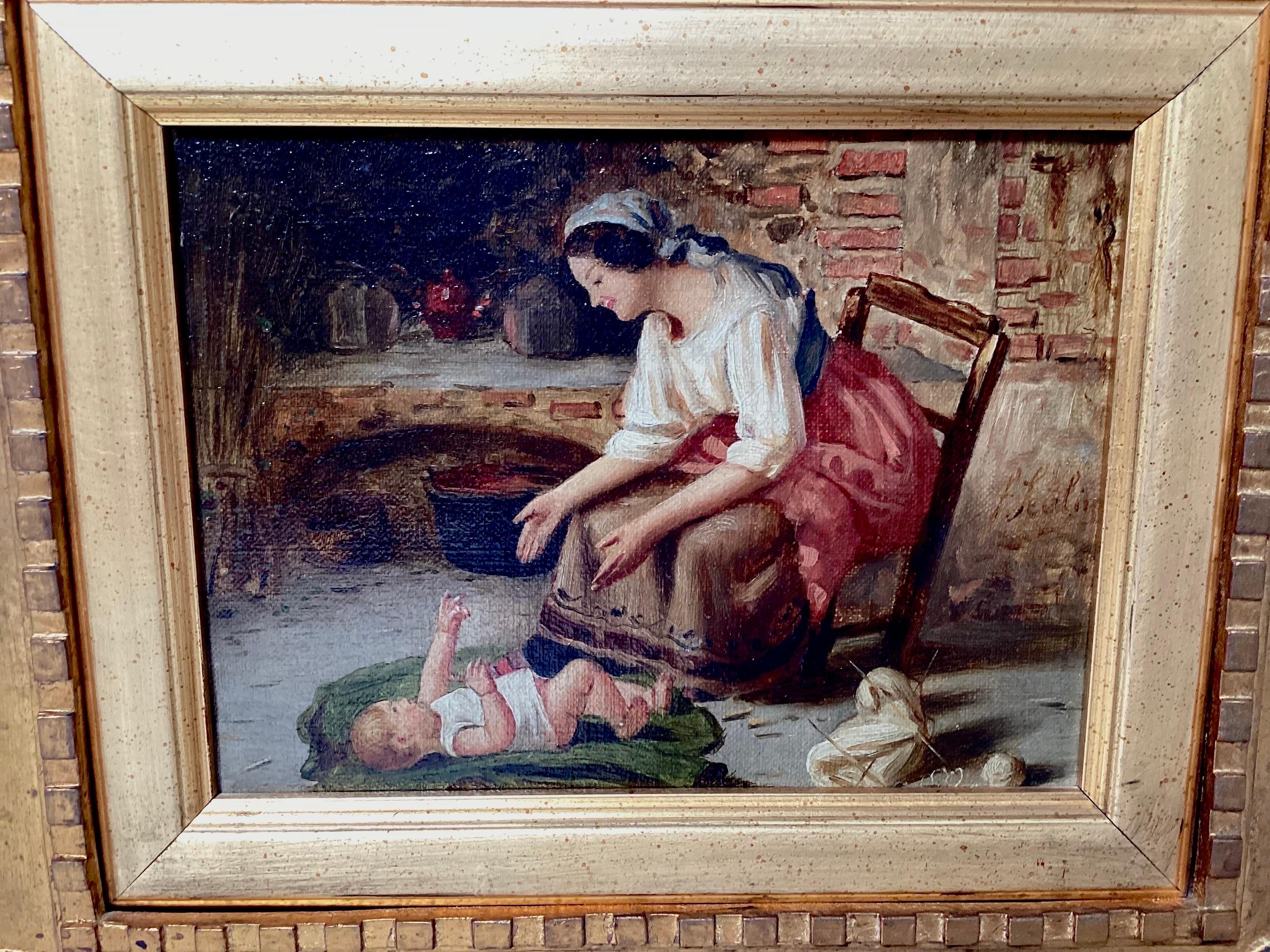 European 19th Century Oil Painting on Canvas Mother and Child For Sale