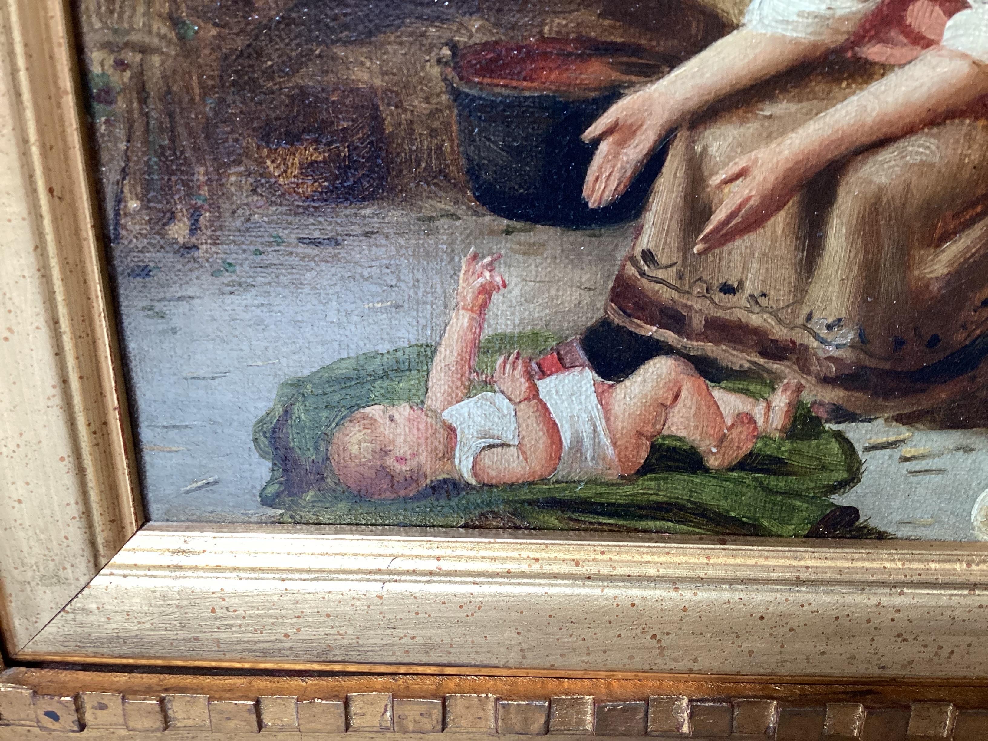 19th Century Oil Painting on Canvas Mother and Child In Good Condition For Sale In Lambertville, NJ