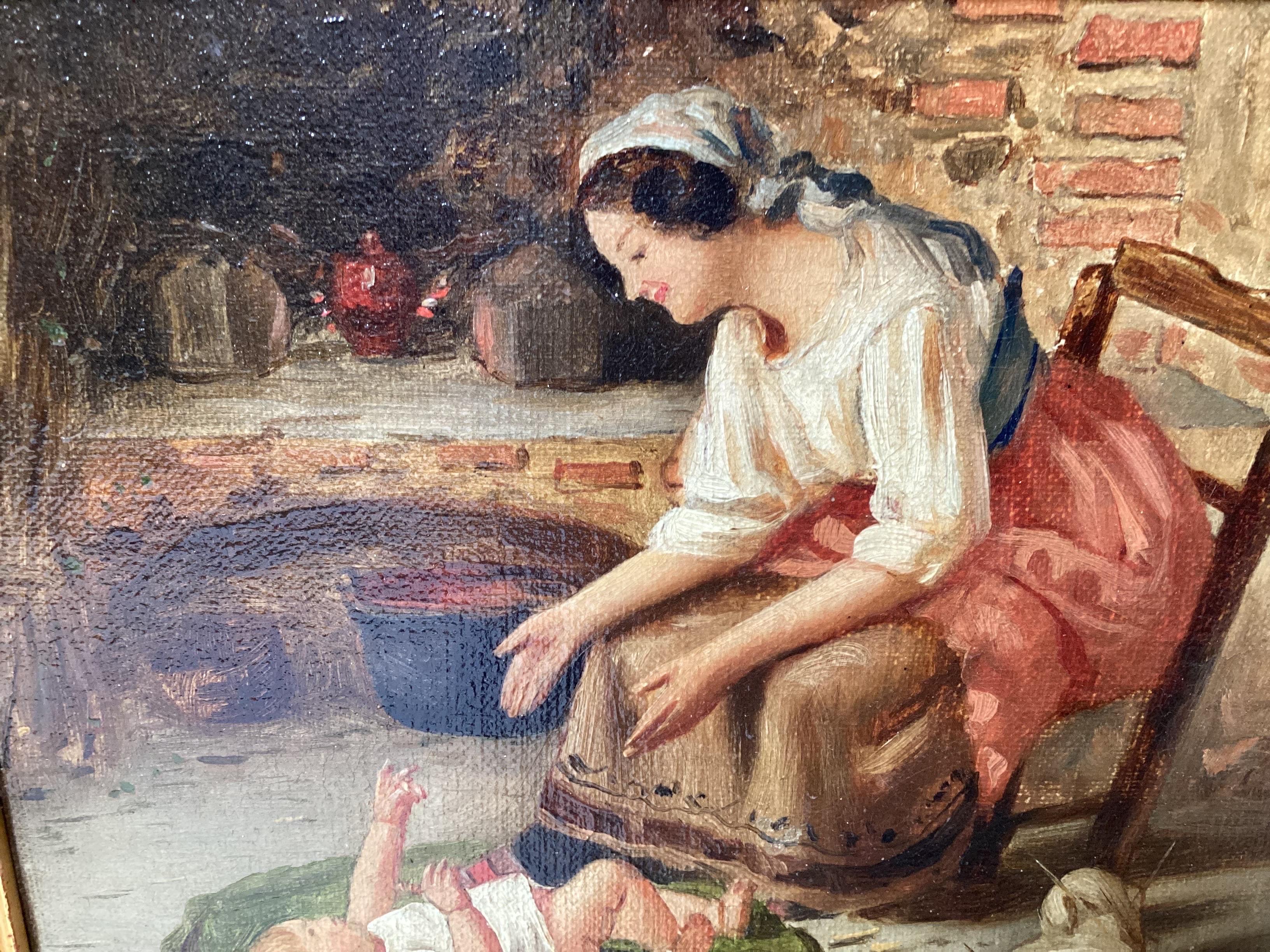 19th Century Oil Painting on Canvas Mother and Child For Sale 1