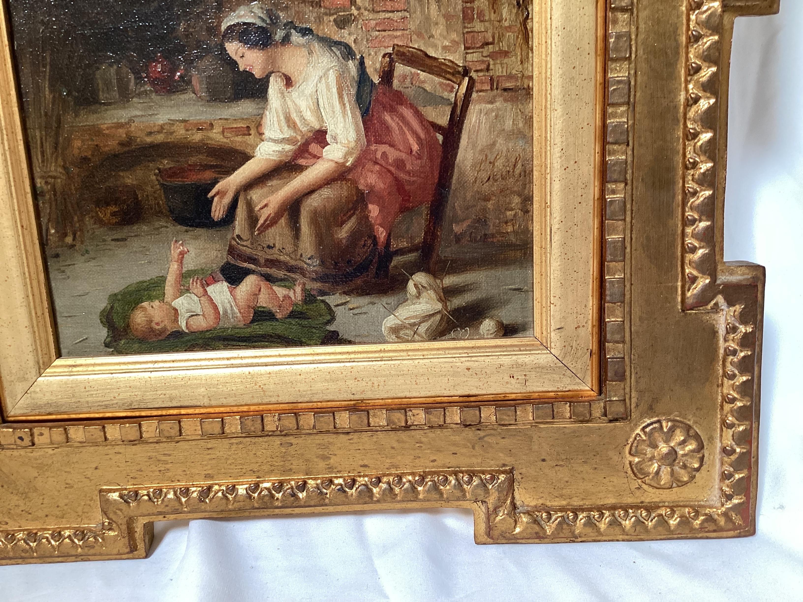 19th Century Oil Painting on Canvas Mother and Child For Sale 3