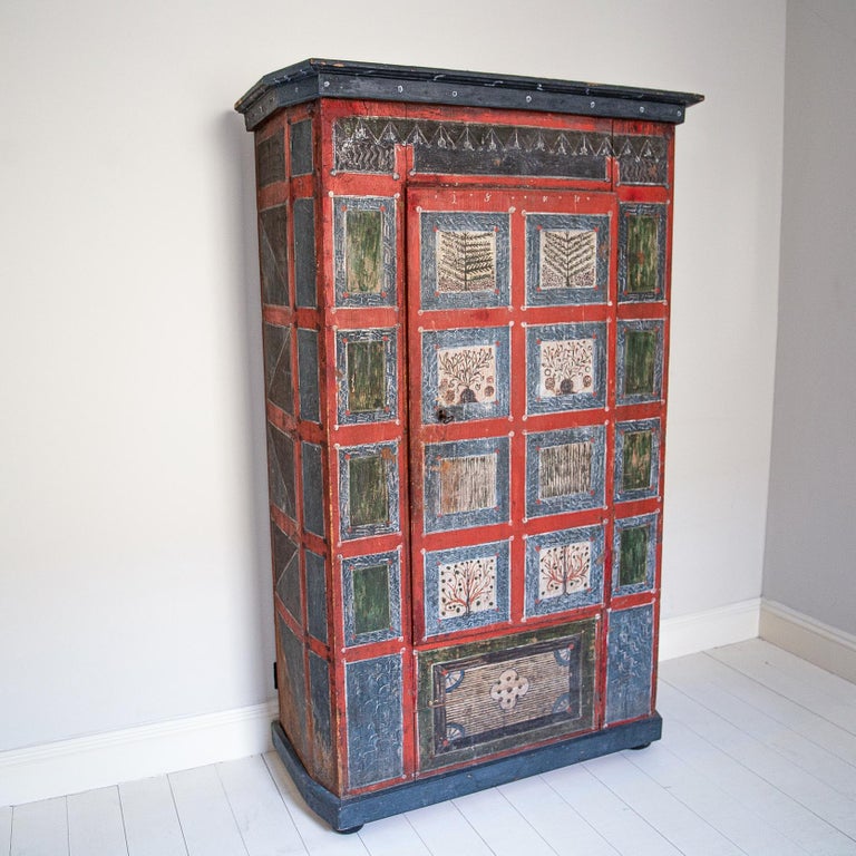 Hand-Painted 19th Century Original Hand Painted Bohemian Armoire from Ukraine For Sale