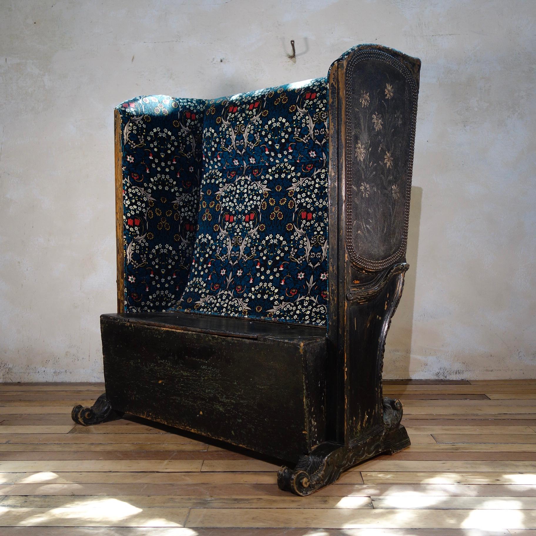 19th Century Painted Gothic Continental Leather Upholstered Settle Bench 7