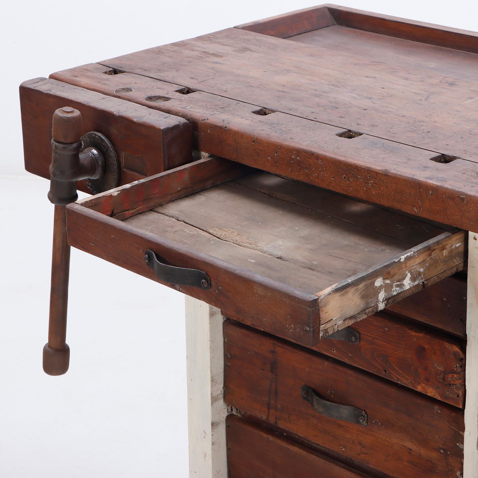 19th Century A 19th century painted work bench having two vice grips. For Sale