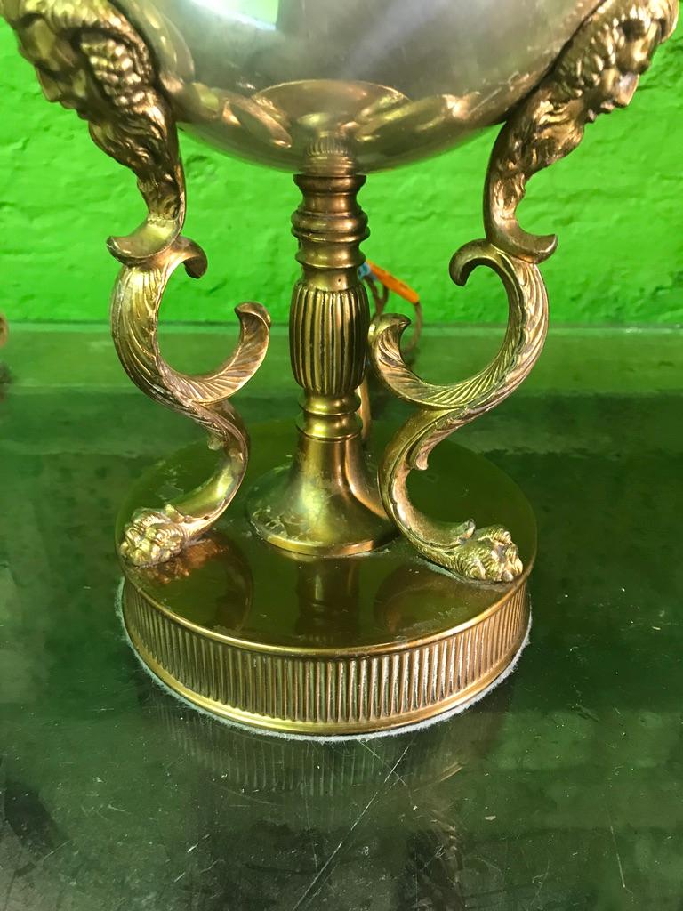 19th Century Pair of Brass Table Lamps with Heads and Feathers For Sale 1