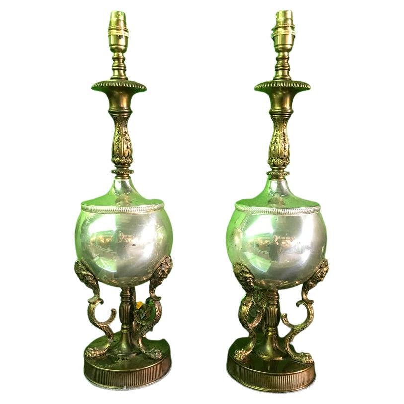 19th Century Pair of Brass Table Lamps with Heads and Feathers For Sale