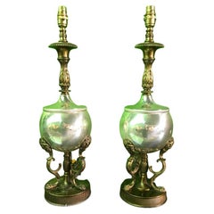 Antique 19th Century Pair of Brass Table Lamps with Heads and Feathers