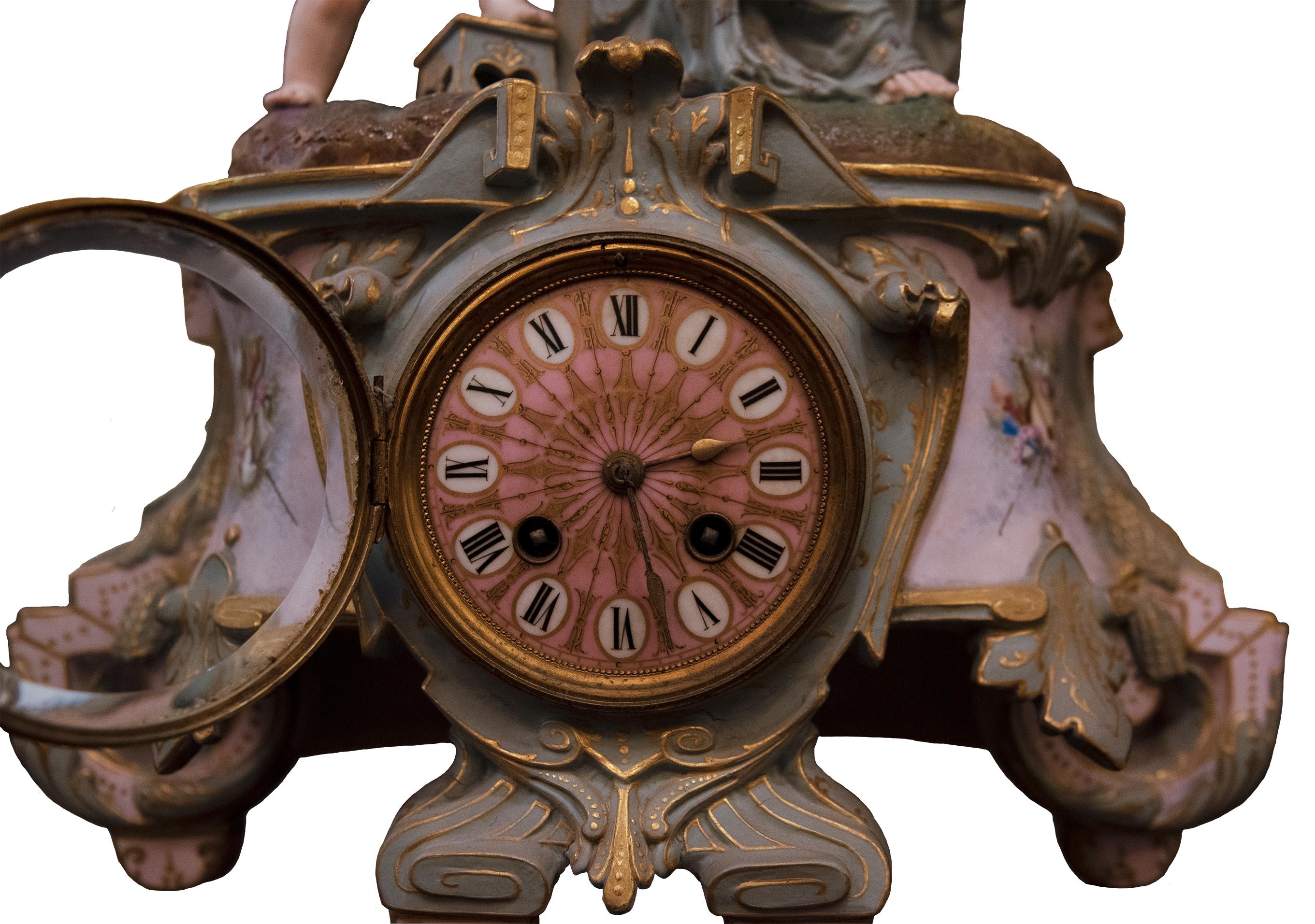 A two-piece French porcelain clock.

Circa 19th century.