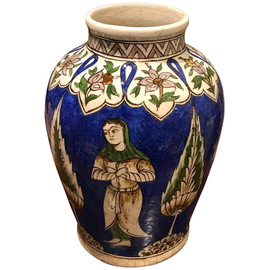 A 19th Century, Qajar Underglaze Painted Pottery Vase - Iran For Sale