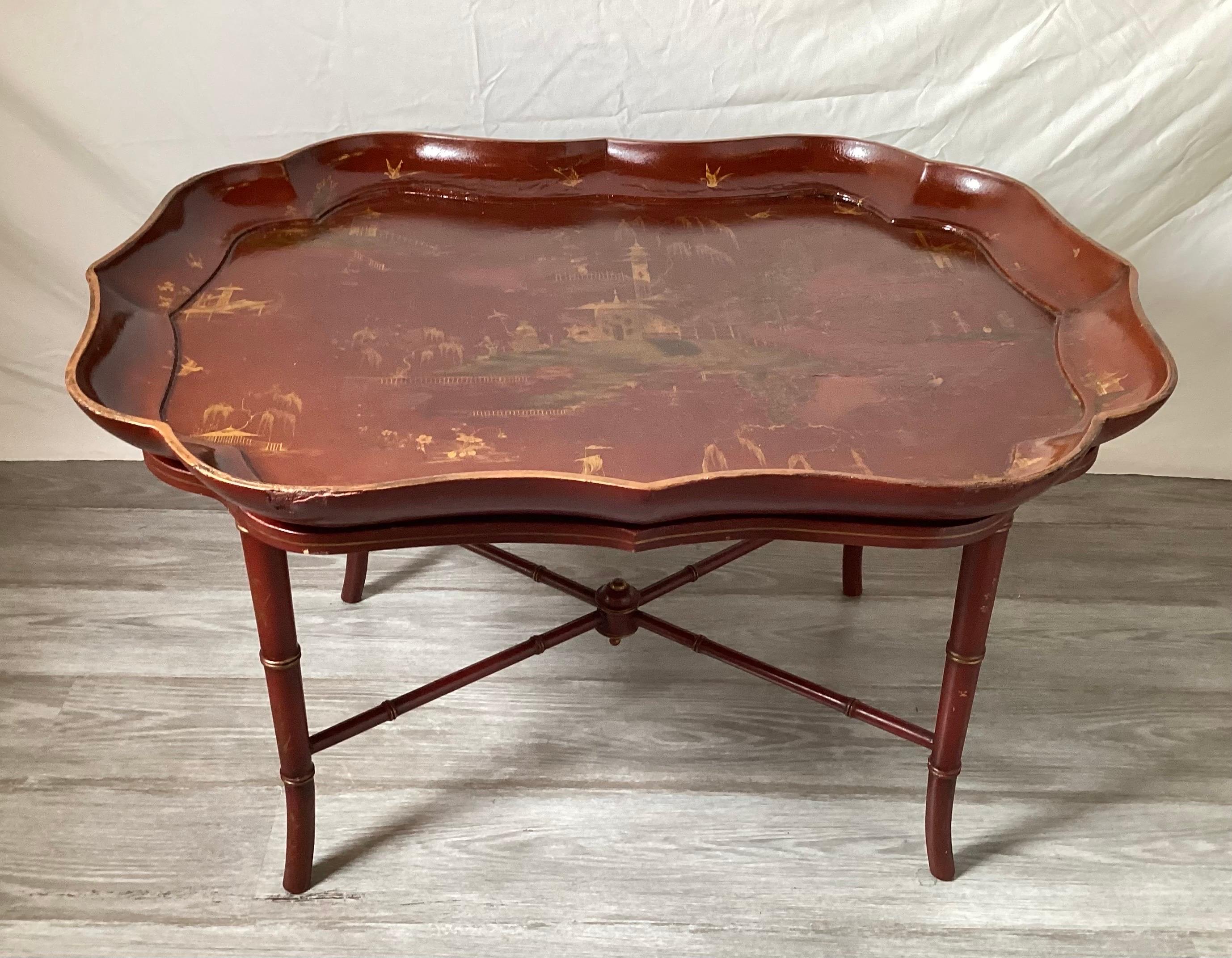 A 19th Century Red Chinoiserie Tray Table on Later Base For Sale 5