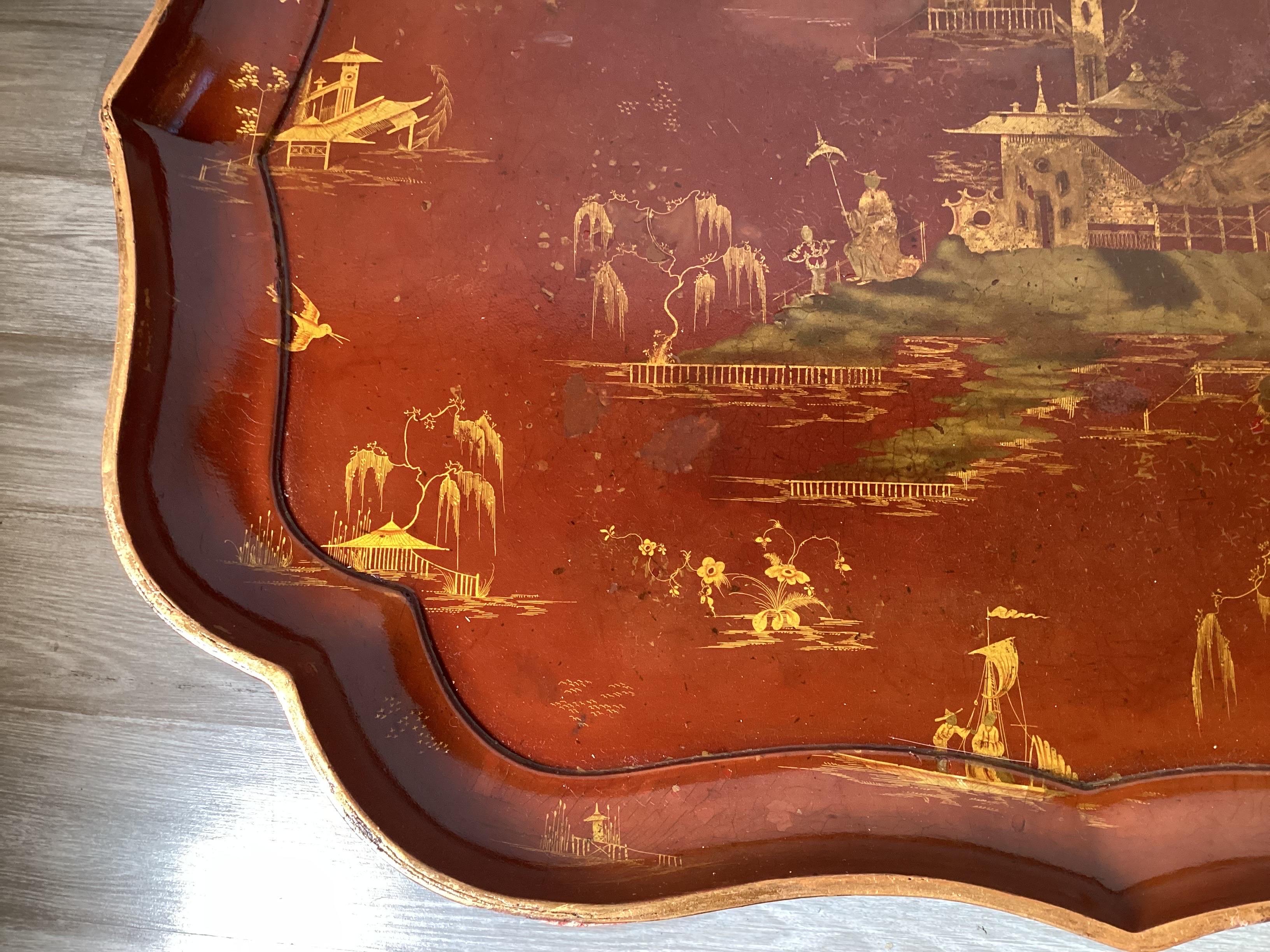 A 19th Century Red Chinoiserie Tray Table on Later Base In Good Condition For Sale In Lambertville, NJ