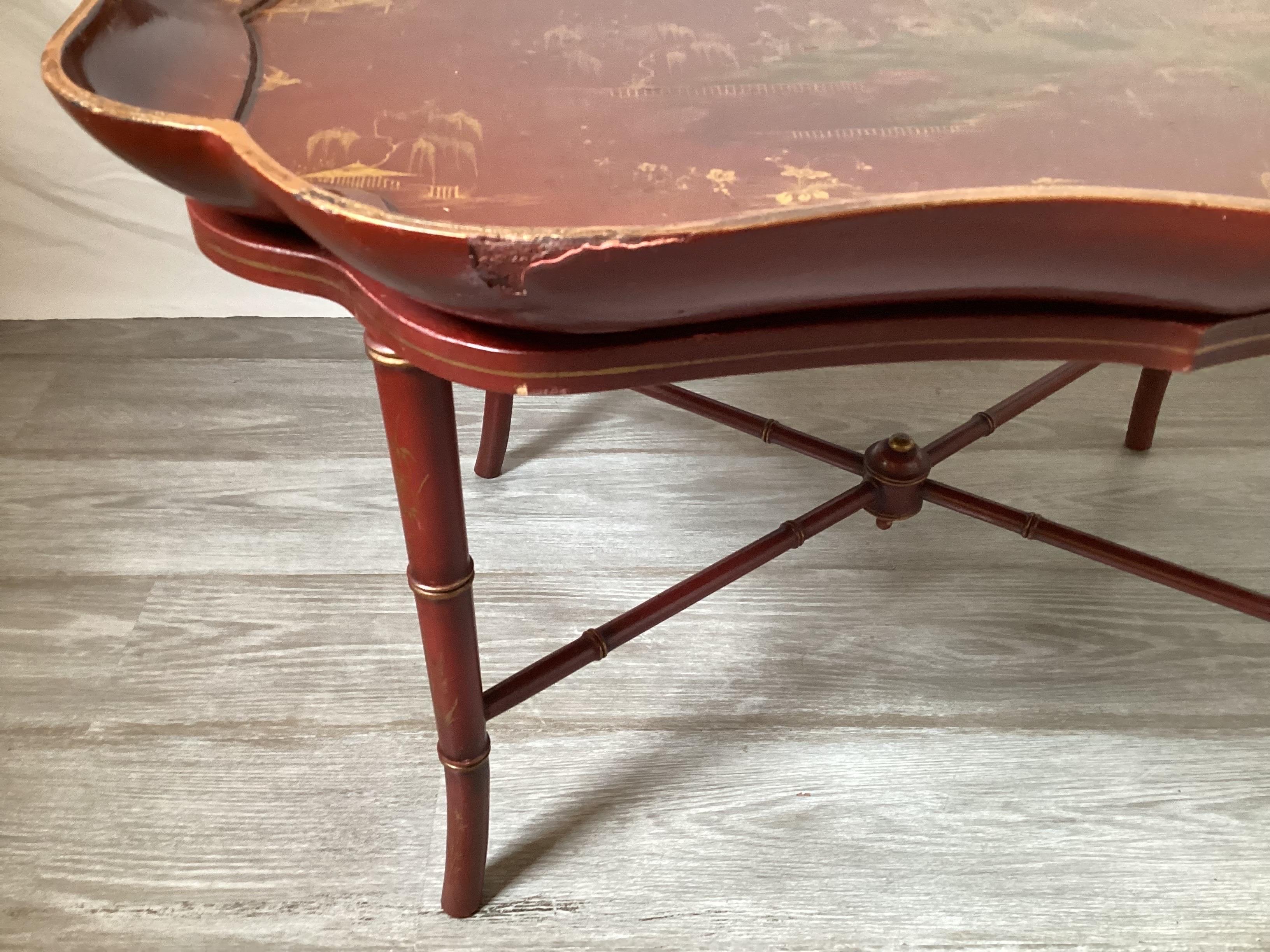Wood A 19th Century Red Chinoiserie Tray Table on Later Base For Sale