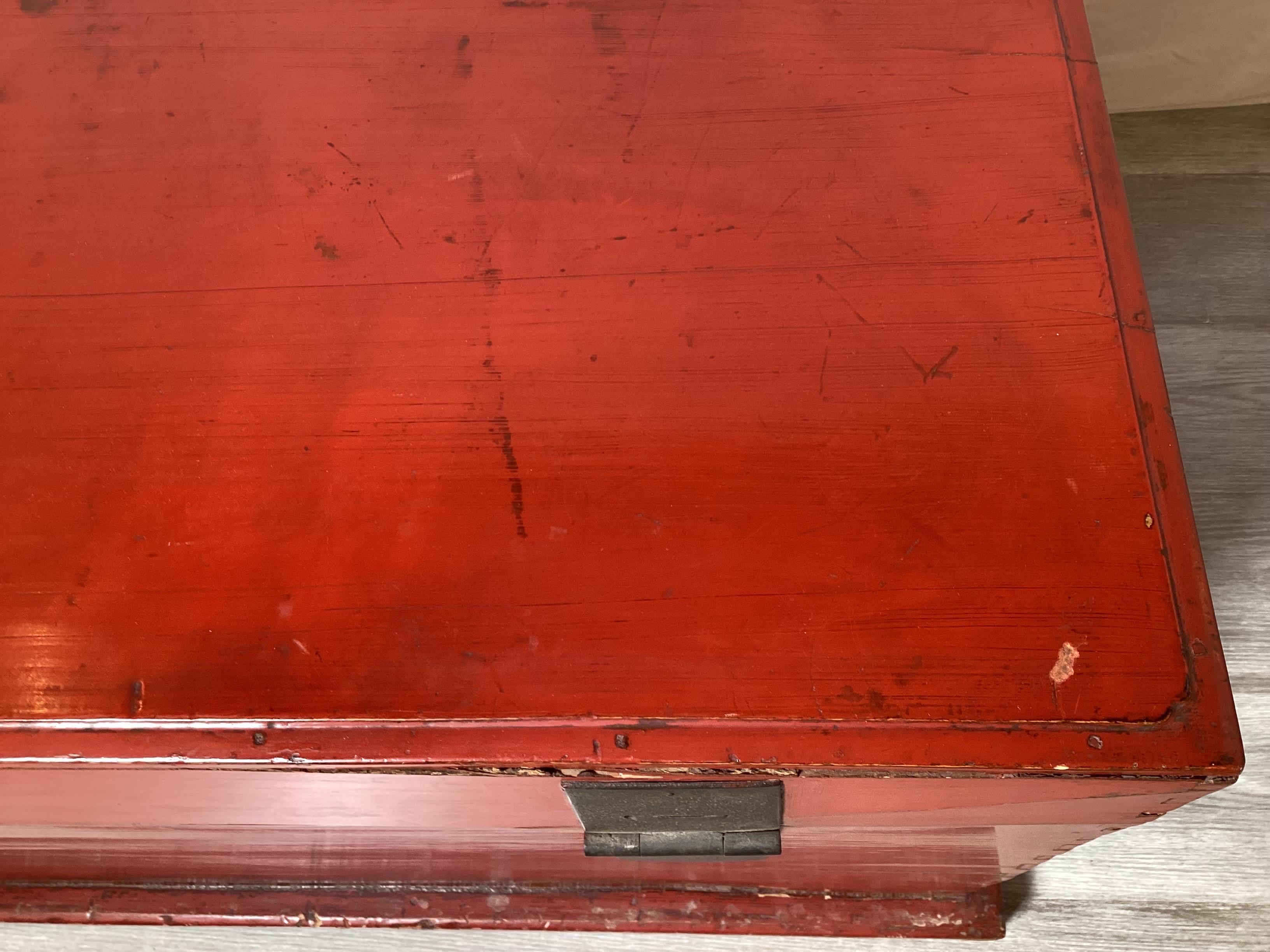 Hardwood A 19th Century Red Lacquer Blanket Chest Trunk For Sale
