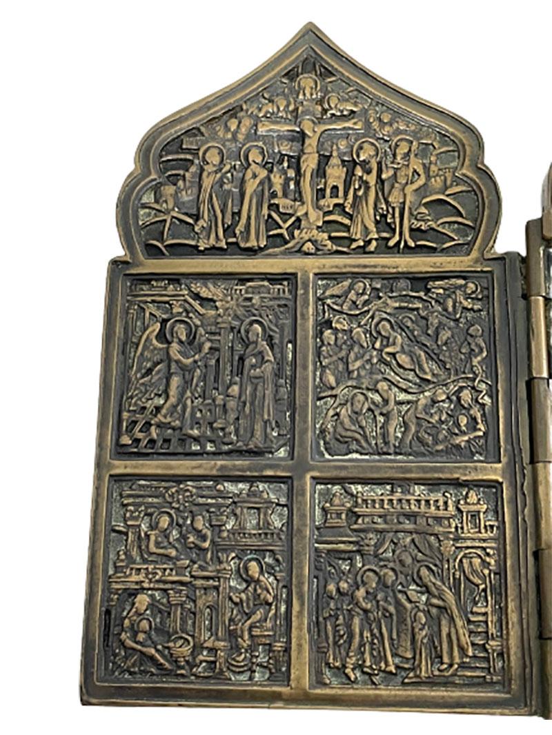 19th Century Russian Bronze Travel Icon, a 4-Panel Tetraptych 2