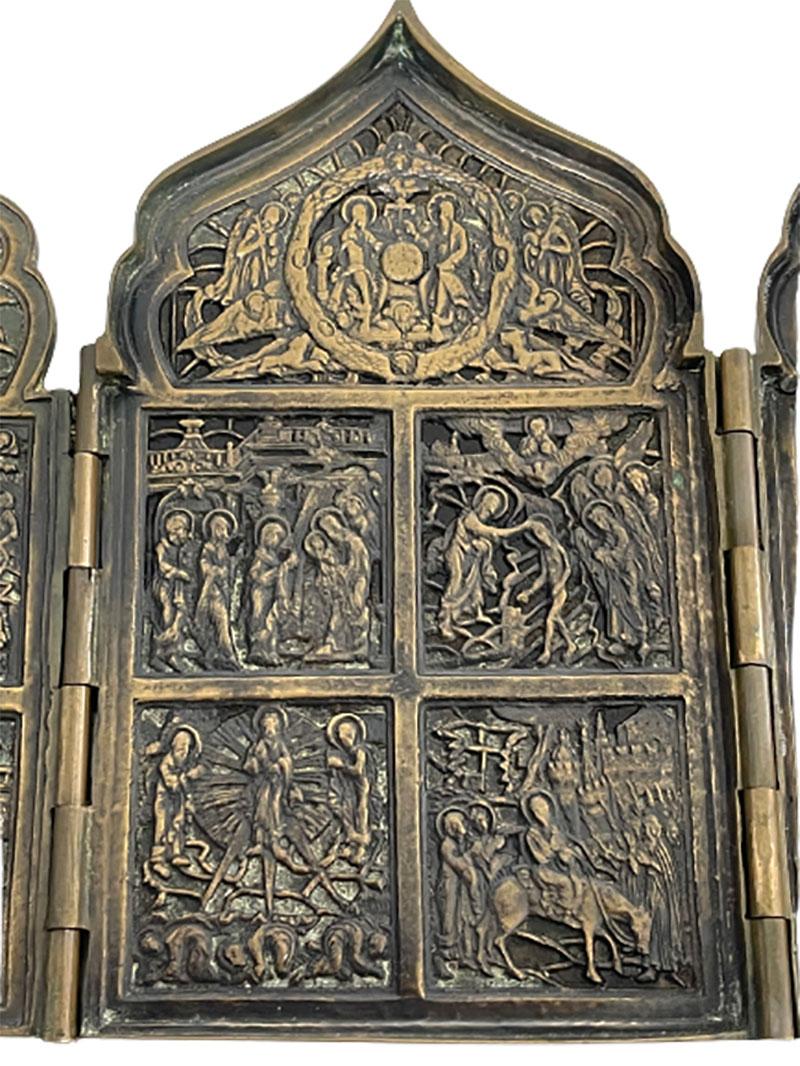 19th Century Russian Bronze Travel Icon, a 4-Panel Tetraptych 3