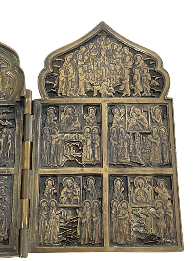 19th Century Russian Bronze Travel Icon, a 4-Panel Tetraptych 5