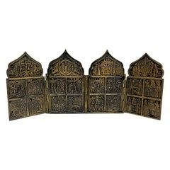 Antique 19th Century Russian Bronze Travel Icon, a 4-Panel Tetraptych