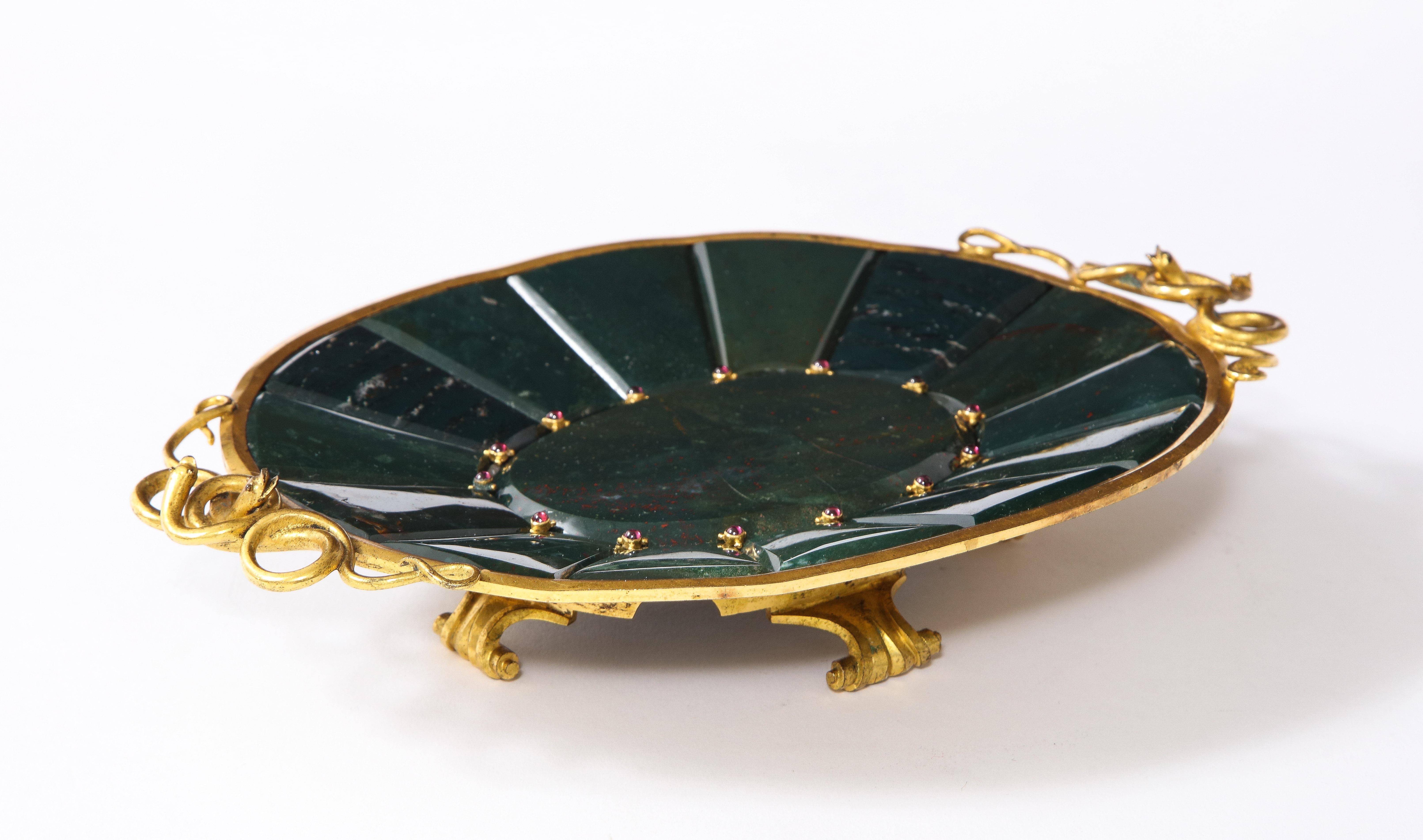 A magnificent 19th century Louis XVI style Russian Dore bronze and jewel mounted bloodstone jasper tray/decorative dish/centerpiece. This is an extraordinary quality object de virtue and is made with one of the rarest and most beautiful stones,