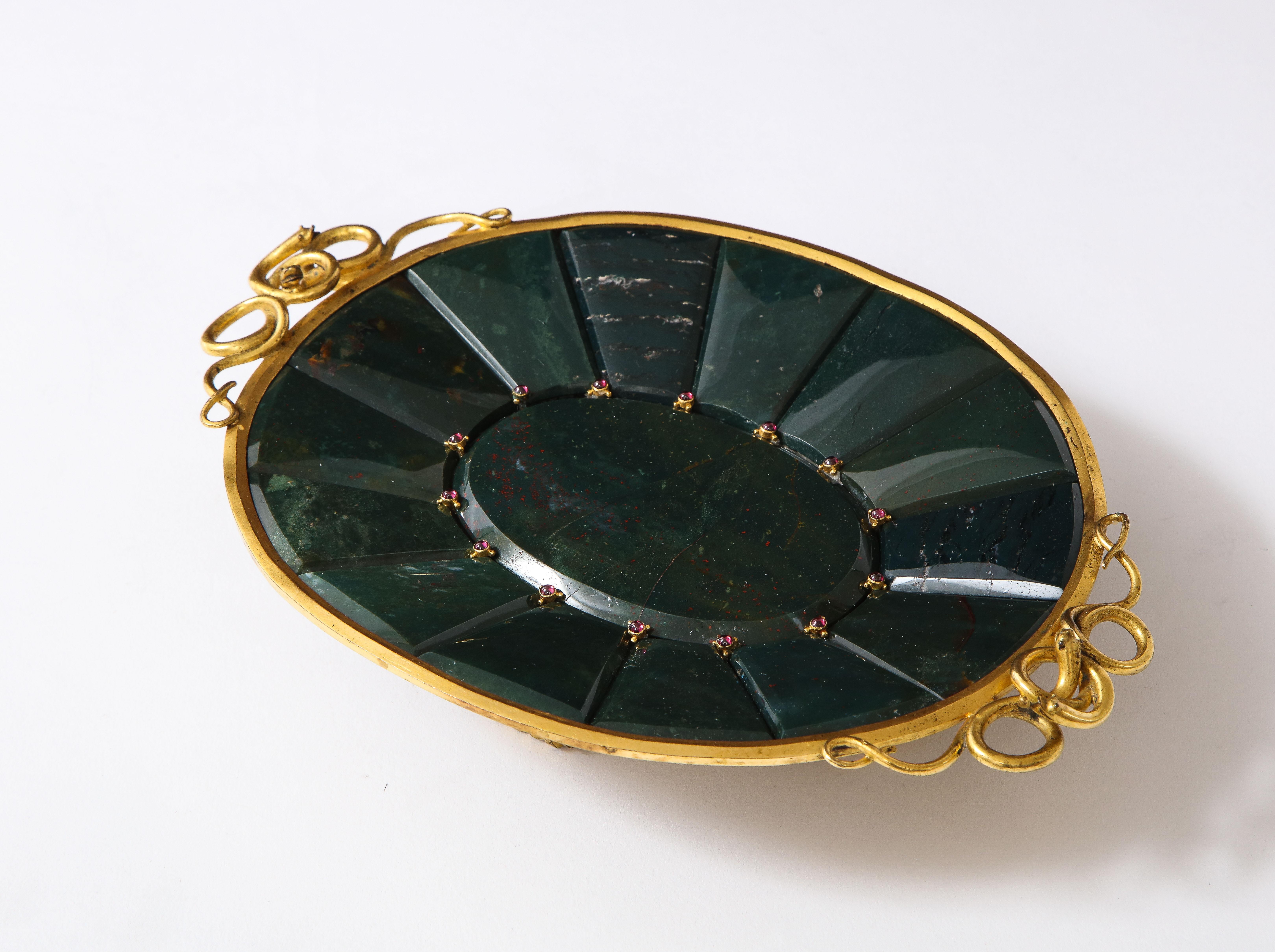 19th Century Russian Dore Bronze & Jewel Mounted Bloodstone Jasper Tray In Good Condition For Sale In New York, NY