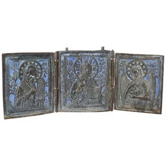 19th Century Russian Folding Bronze and Enamel Orthodox Icon, circa 1880