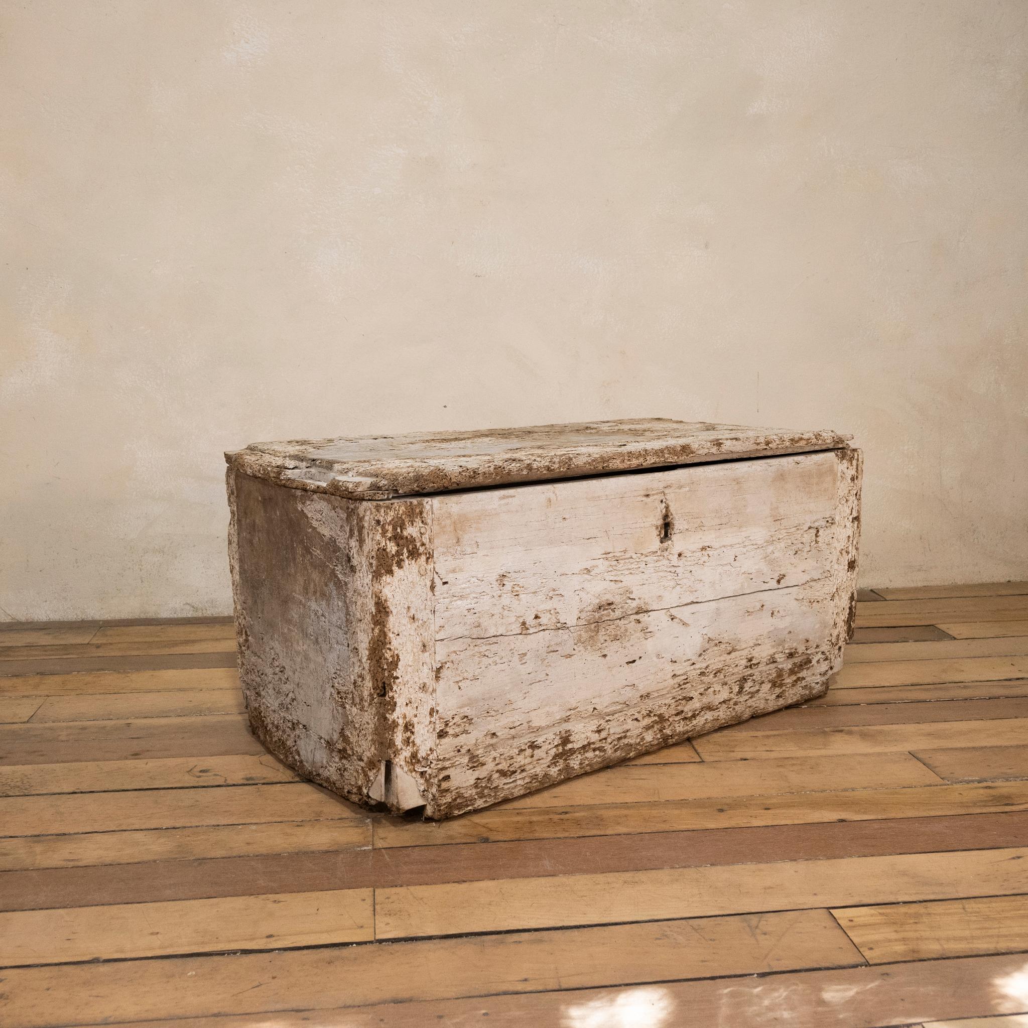 A mid 19th-century rustic country house trunk. Featuring a period whitewash to the exterior. The historic woodworm has created a charming raw design while still being of sturdy solid construction. A lovely piece that would lend itself well as use as